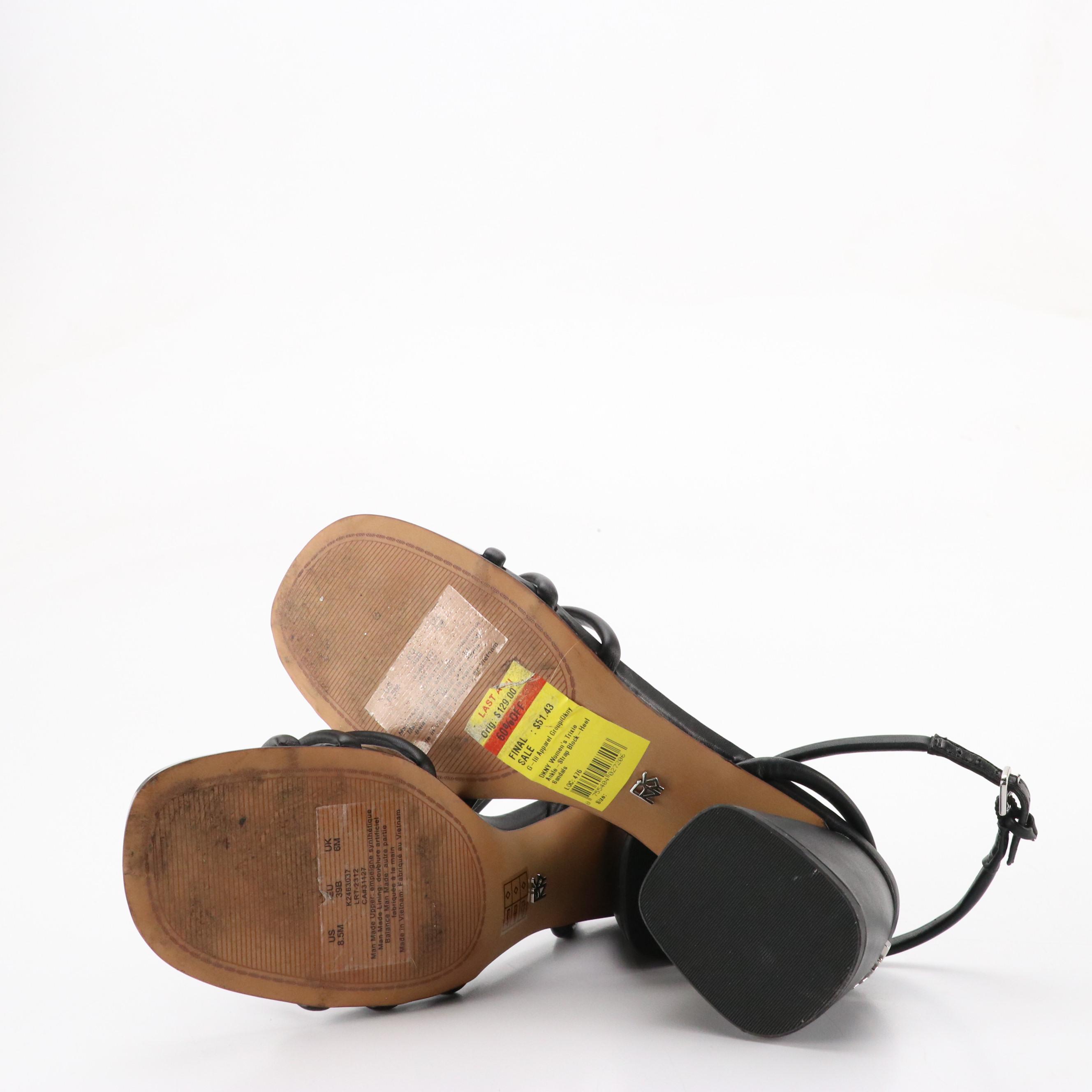 DKNY Trixie Ankle Strap Block Heel Sandals in Black Leather