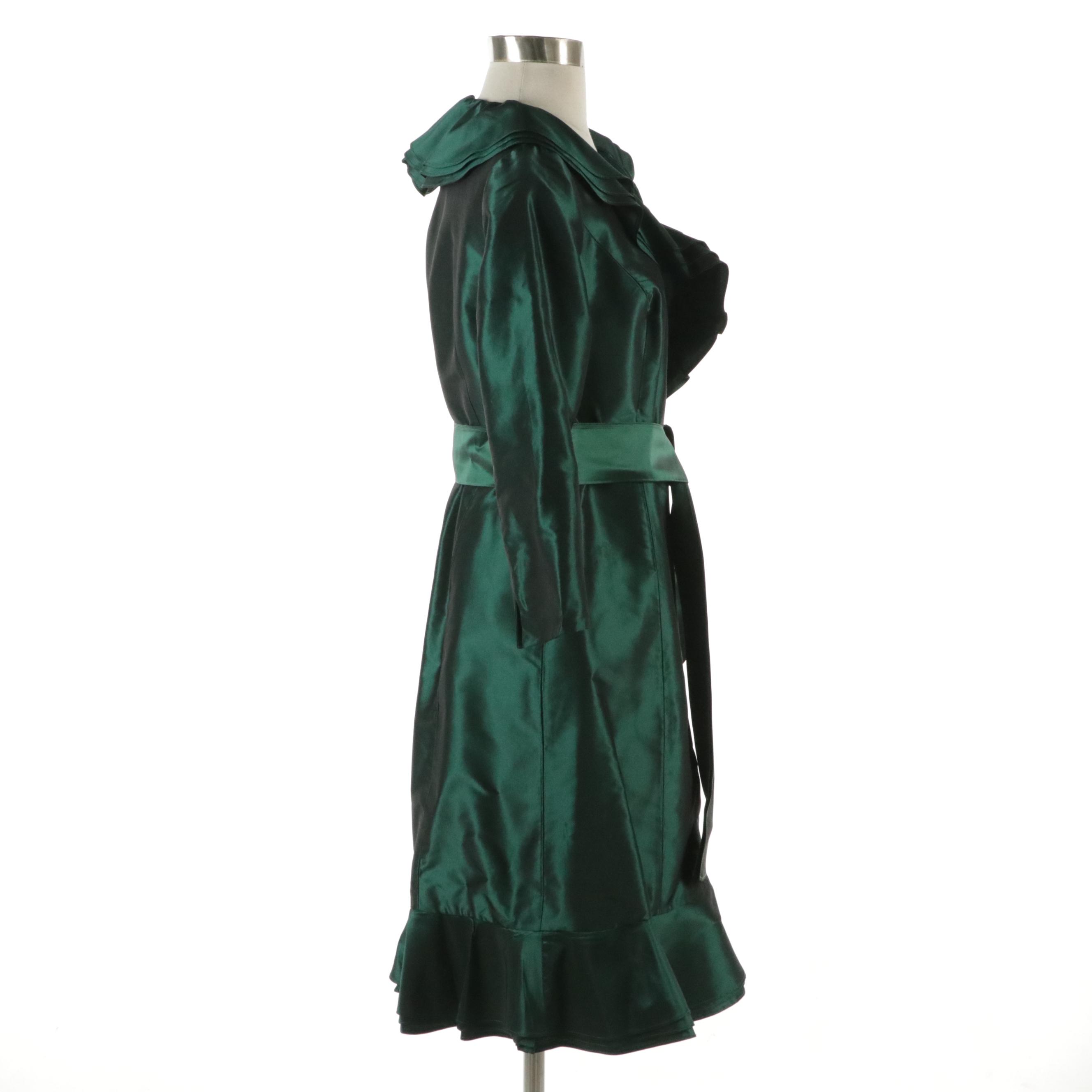 Teri Jon by Rickie Freeman Silk Iridescent Emerald Green Ruffle Wrap Dress