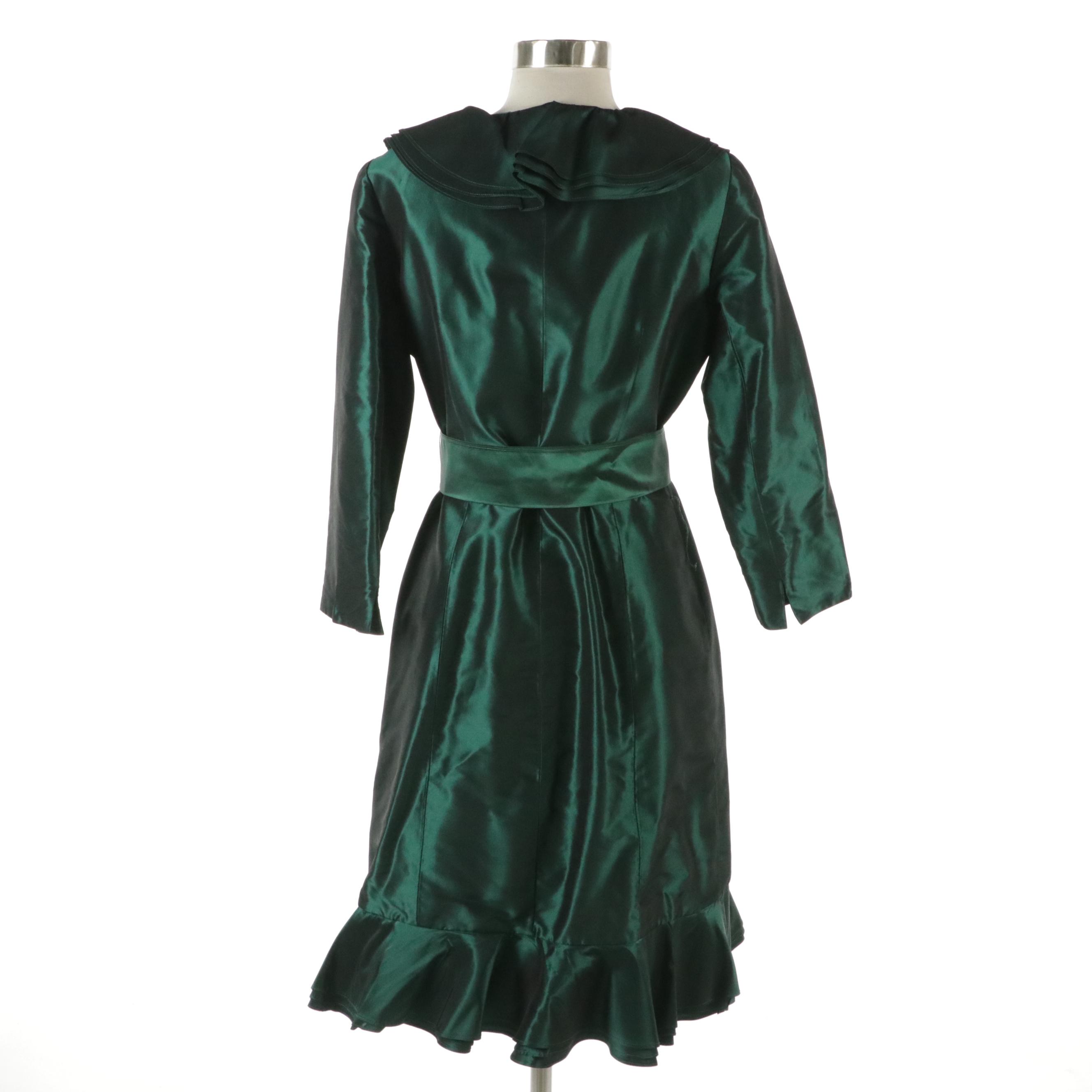 Teri Jon by Rickie Freeman Silk Iridescent Emerald Green Ruffle Wrap Dress