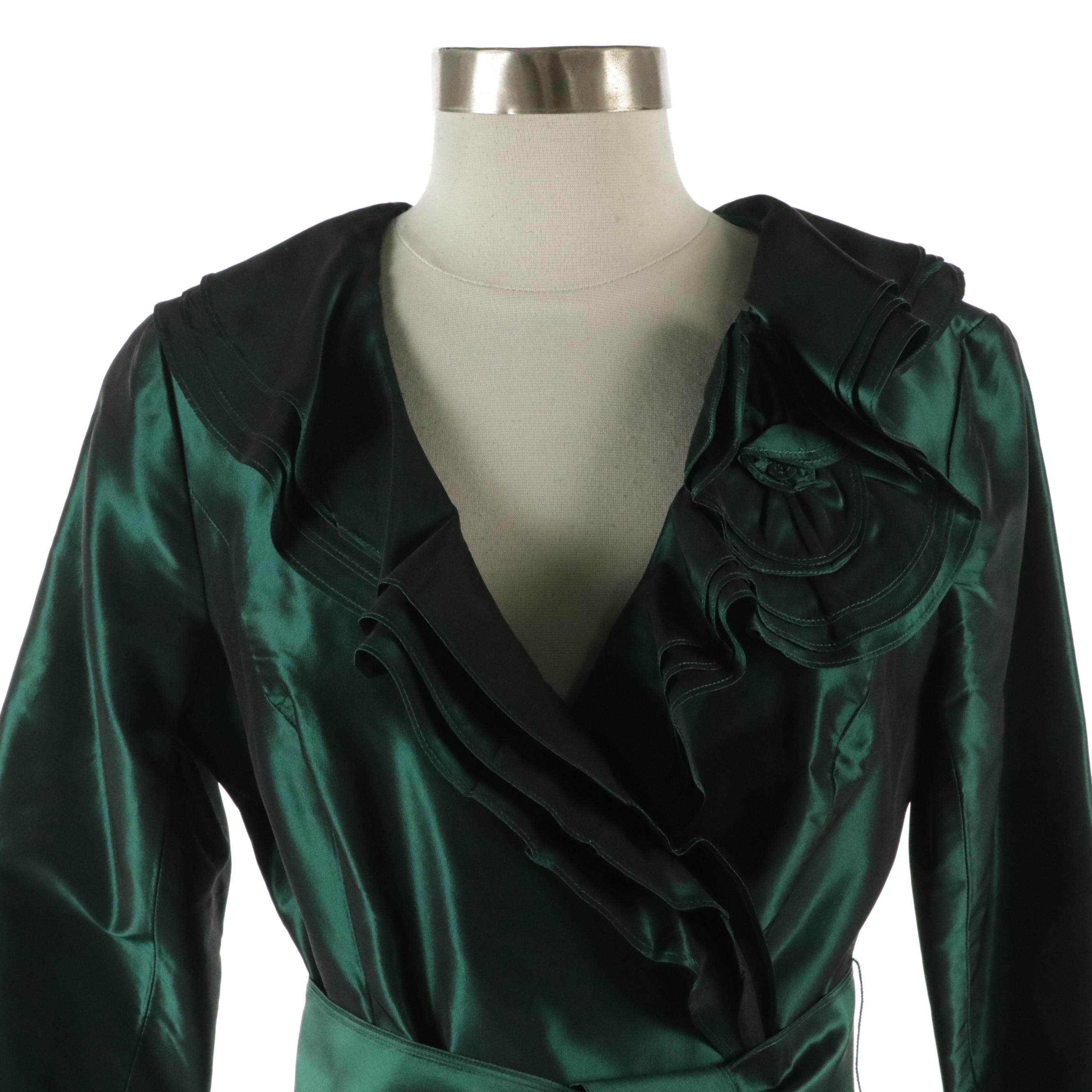 Teri Jon by Rickie Freeman Silk Iridescent Emerald Green Ruffle Wrap Dress