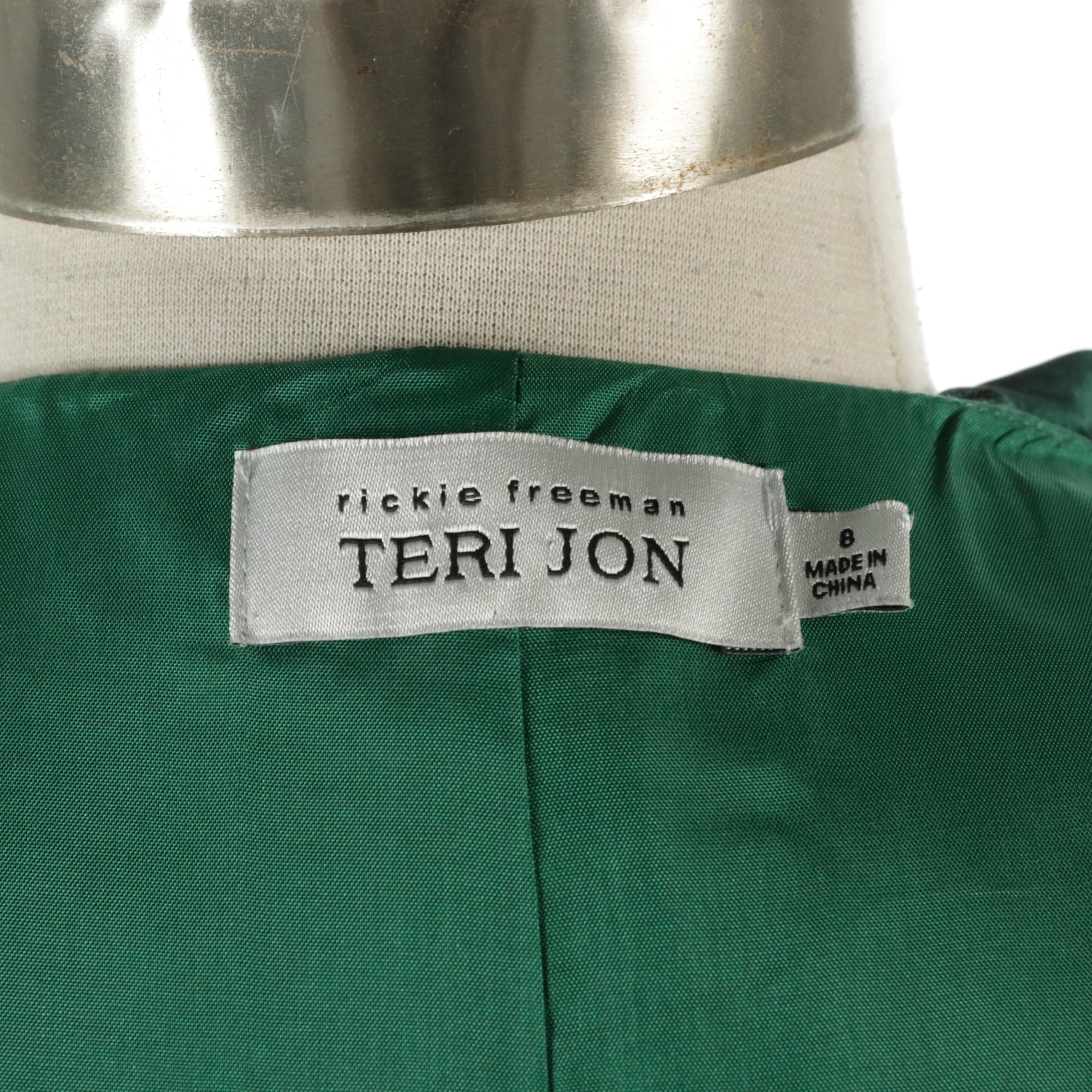 Teri Jon by Rickie Freeman Silk Iridescent Emerald Green Ruffle Wrap Dress