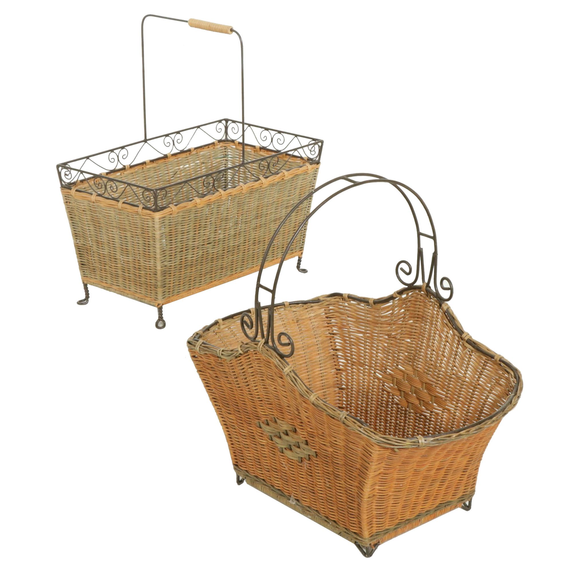 Mid Century Modern Style Woven Wicker and Wire Footed Magazine Racks