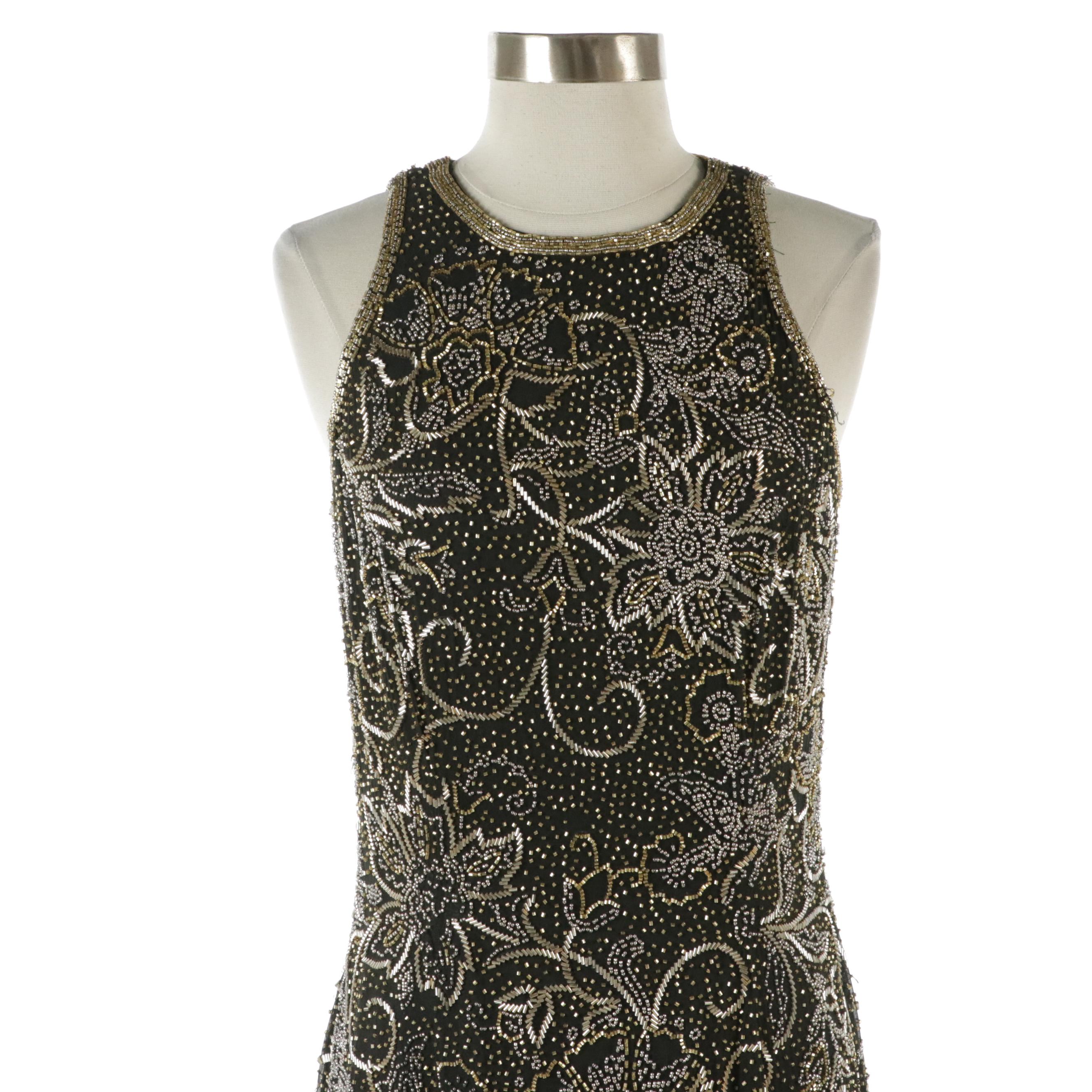 Black Tie by Oleg Cassini Floral Bead Embellished Silk Evening Gown