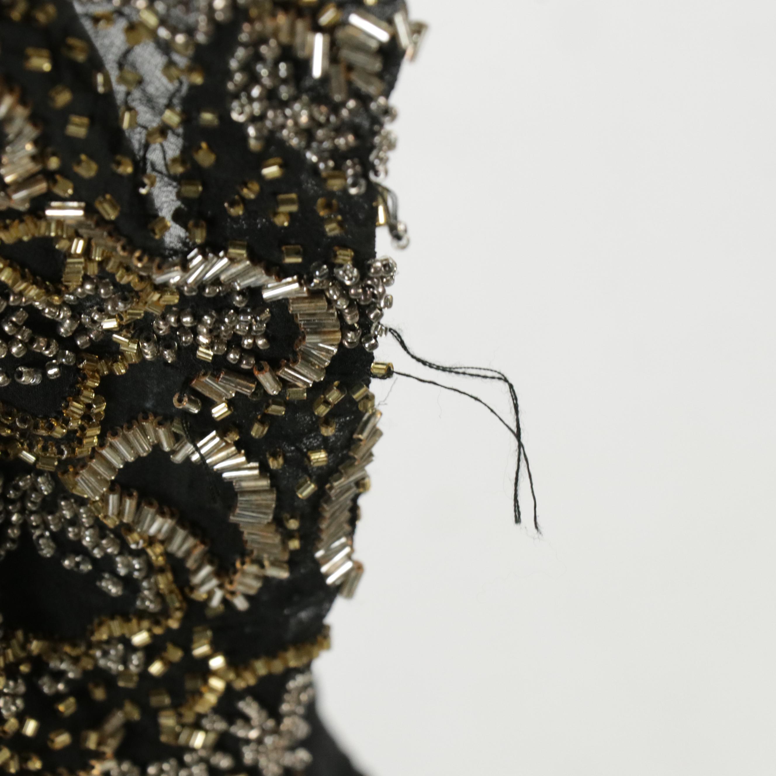 Black Tie by Oleg Cassini Floral Bead Embellished Silk Evening Gown