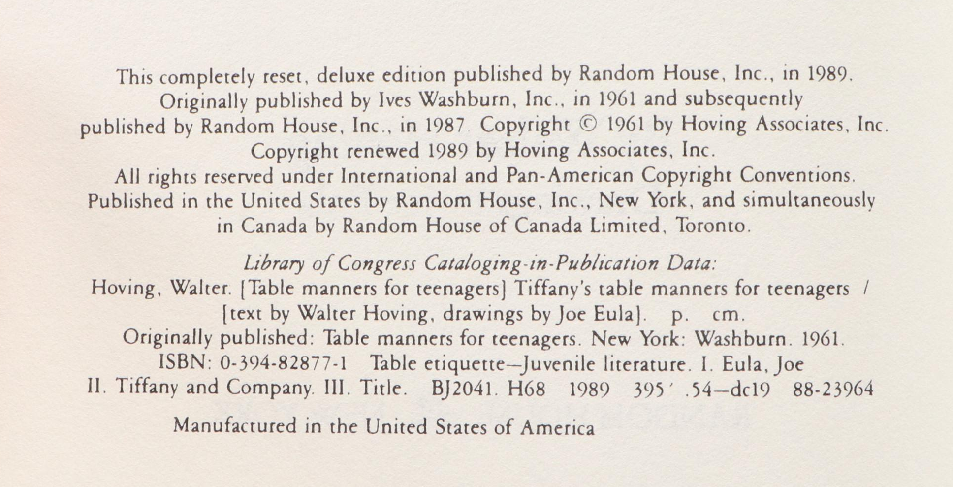 Illustrated "Tiffany's Table Manners for Teenagers" by Walter Hoving, 1989