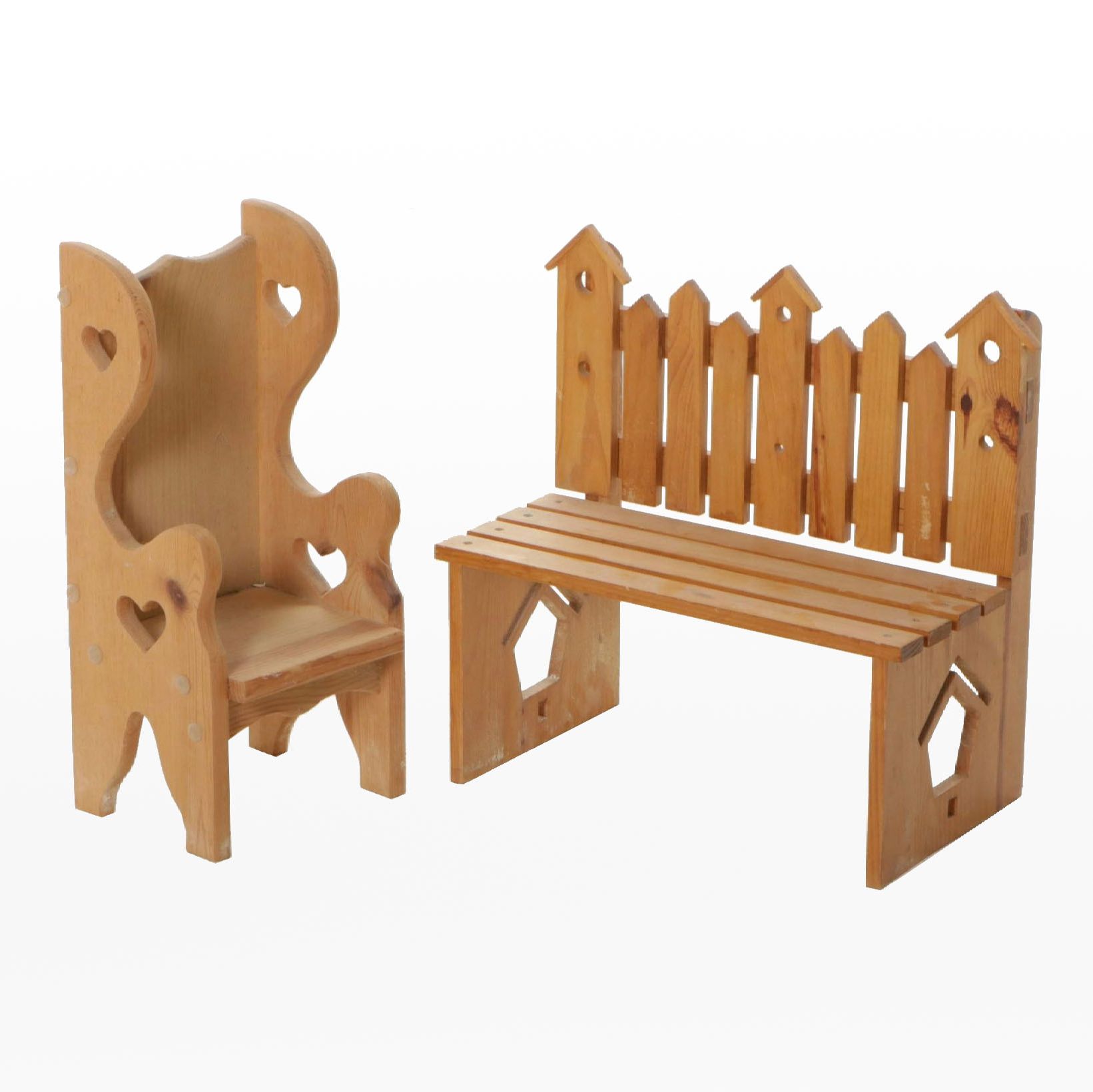 Heart and House Motif Carved Wooden Doll Bench and Chair