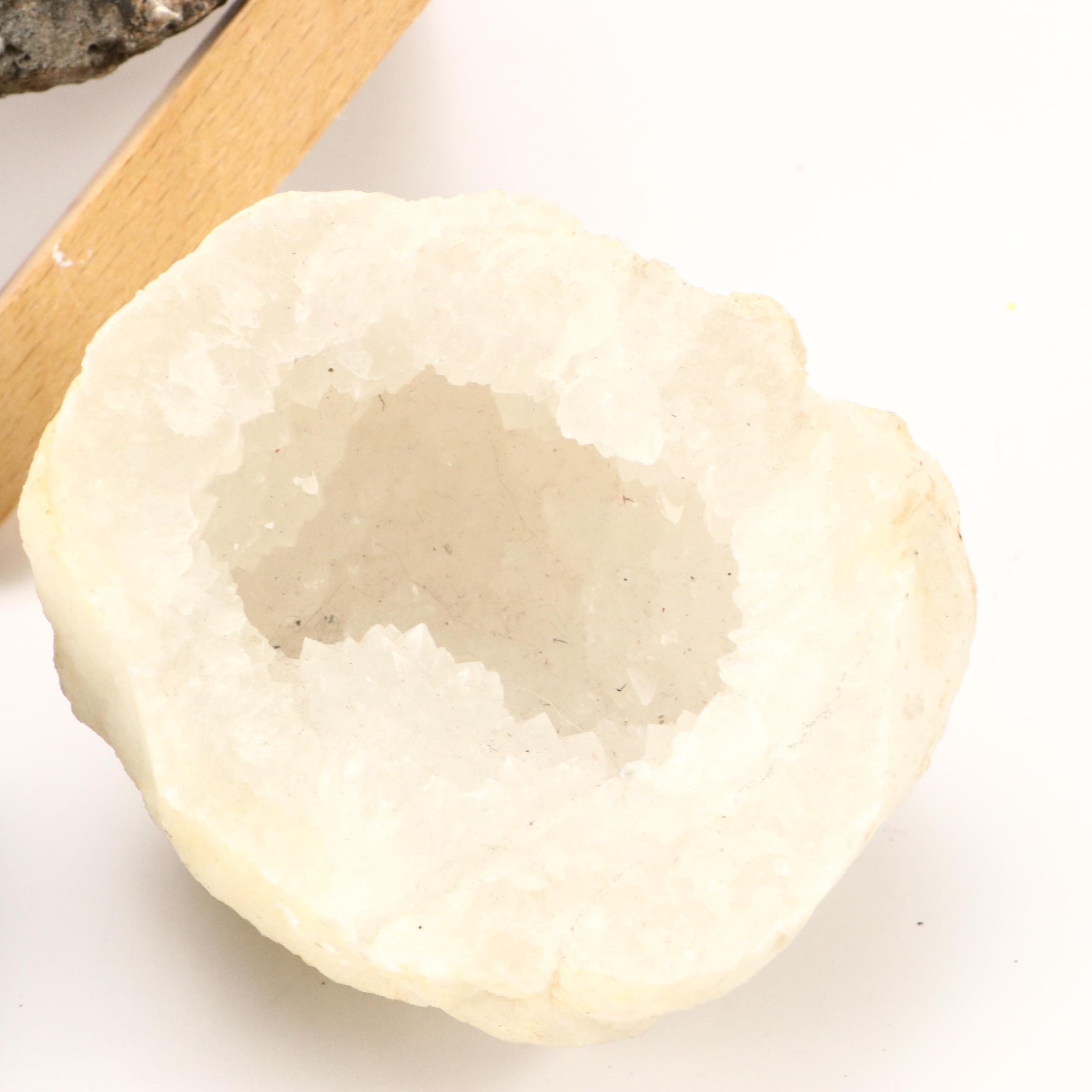 Amethyst and Quartz Geodes with Geometric Wood Stand