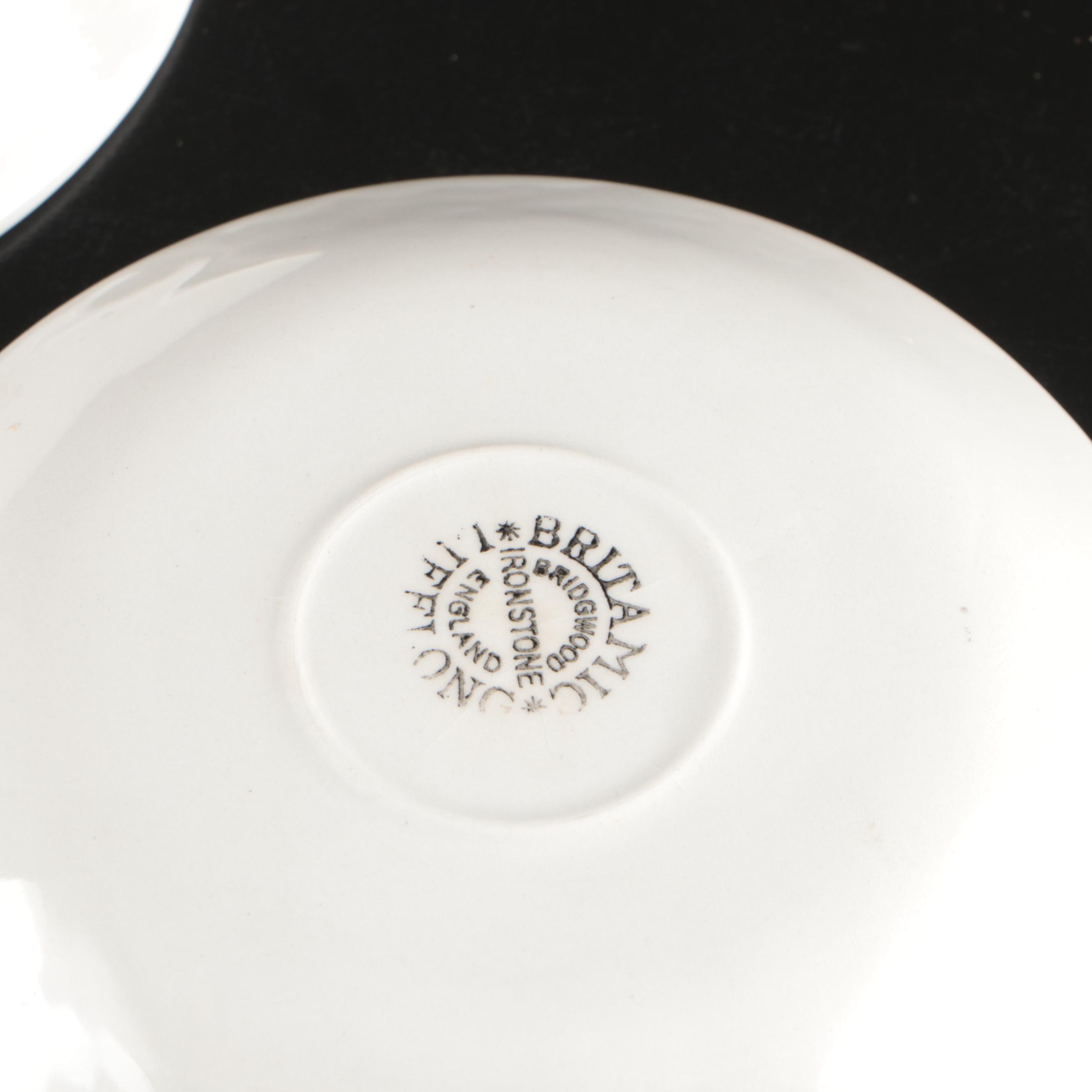 Mappin & Webb Silver Plate Teapot, Spode "Campanula" Bowl, and Bridgwood Saucers