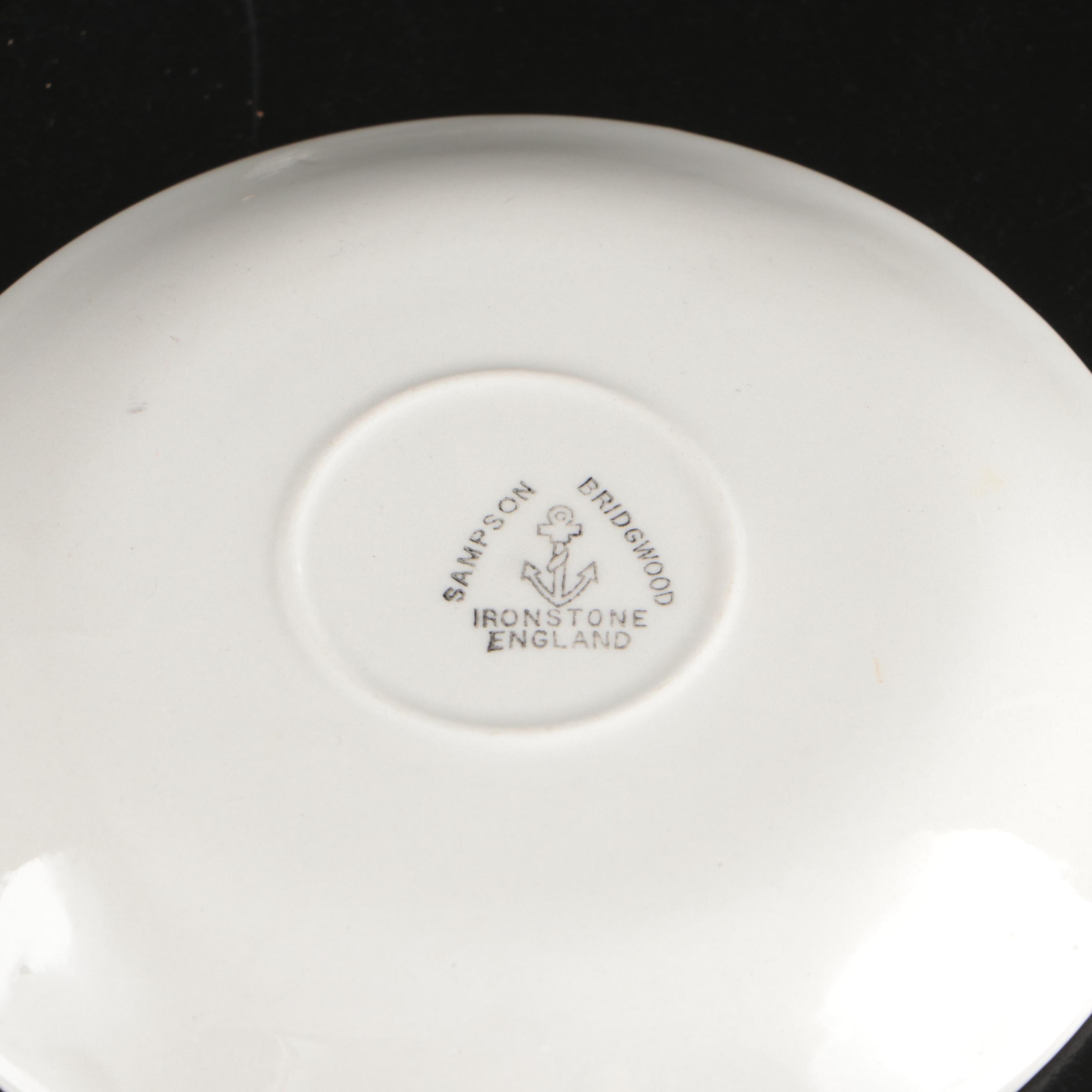 Mappin & Webb Silver Plate Teapot, Spode "Campanula" Bowl, and Bridgwood Saucers