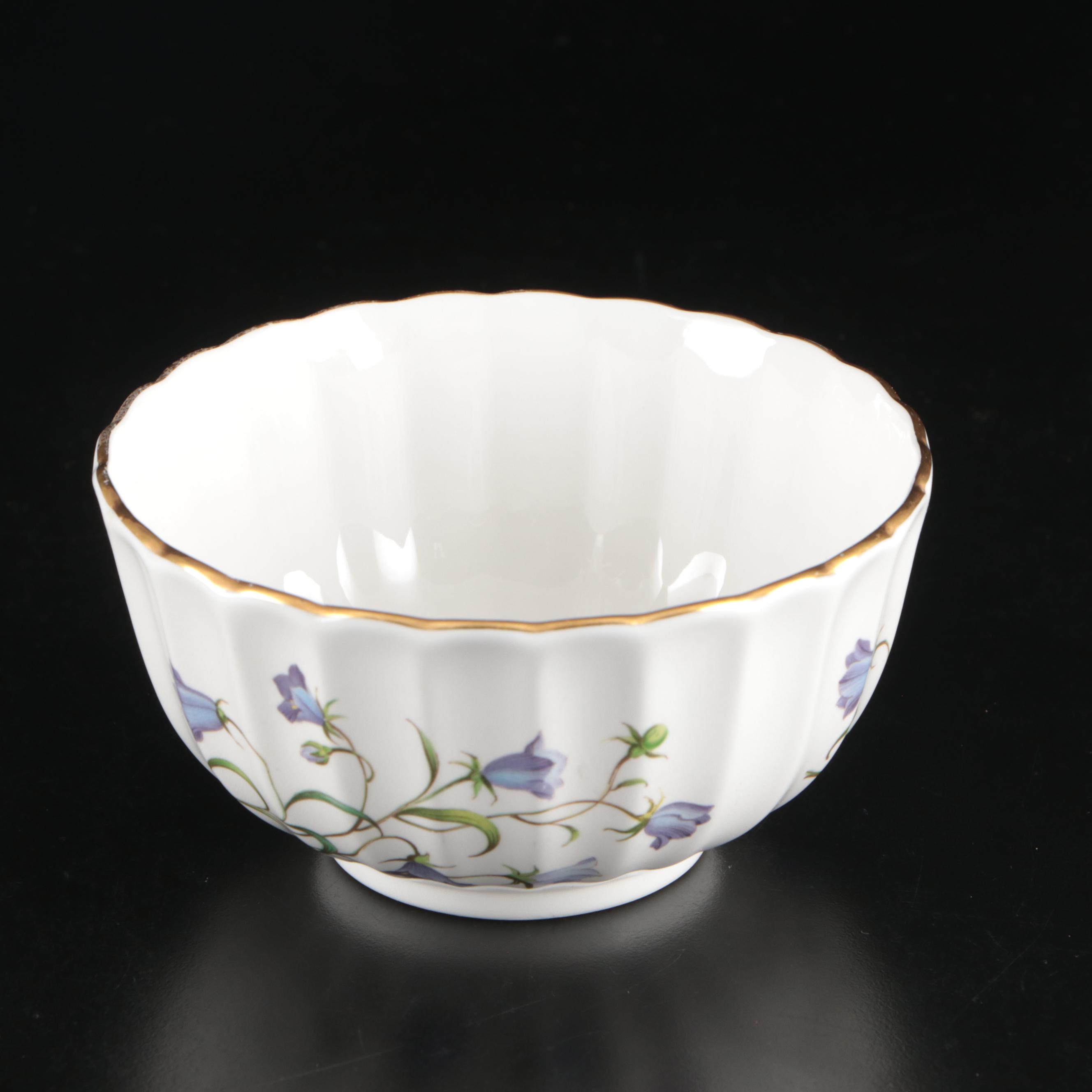 Mappin & Webb Silver Plate Teapot, Spode "Campanula" Bowl, and Bridgwood Saucers