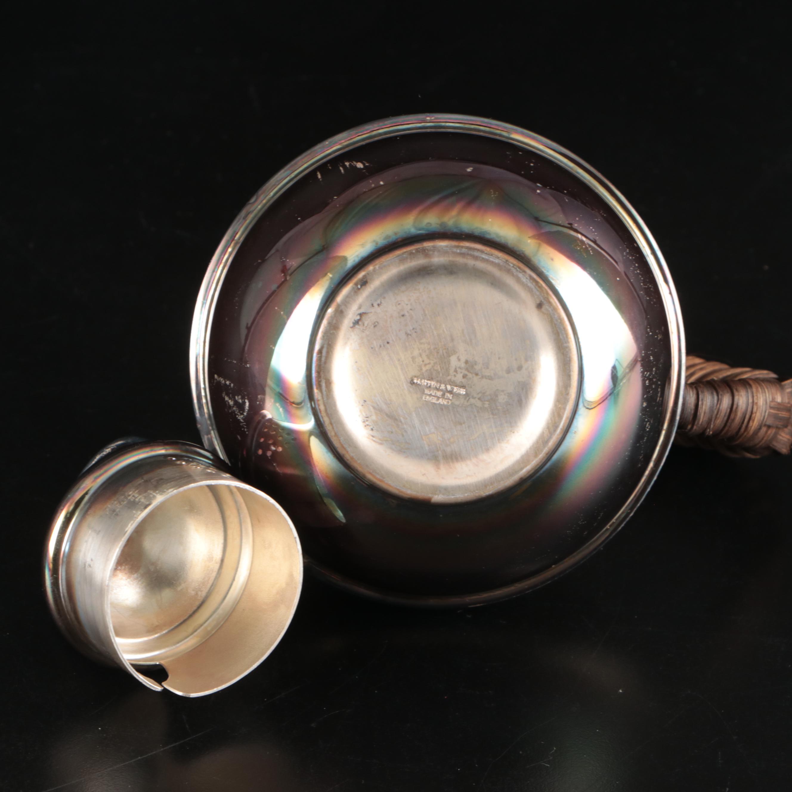 Mappin & Webb Silver Plate Teapot, Spode "Campanula" Bowl, and Bridgwood Saucers