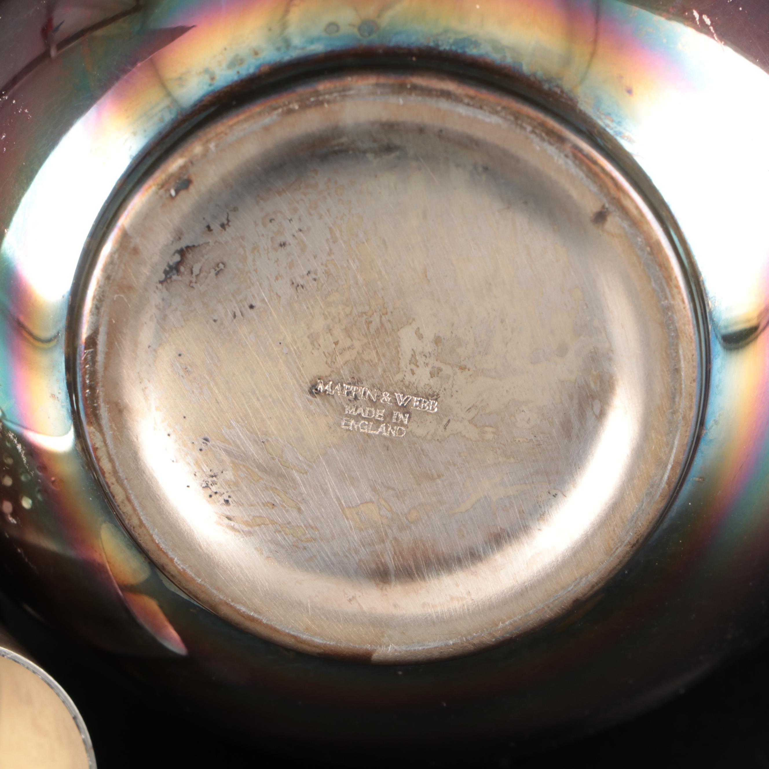 Mappin & Webb Silver Plate Teapot, Spode "Campanula" Bowl, and Bridgwood Saucers