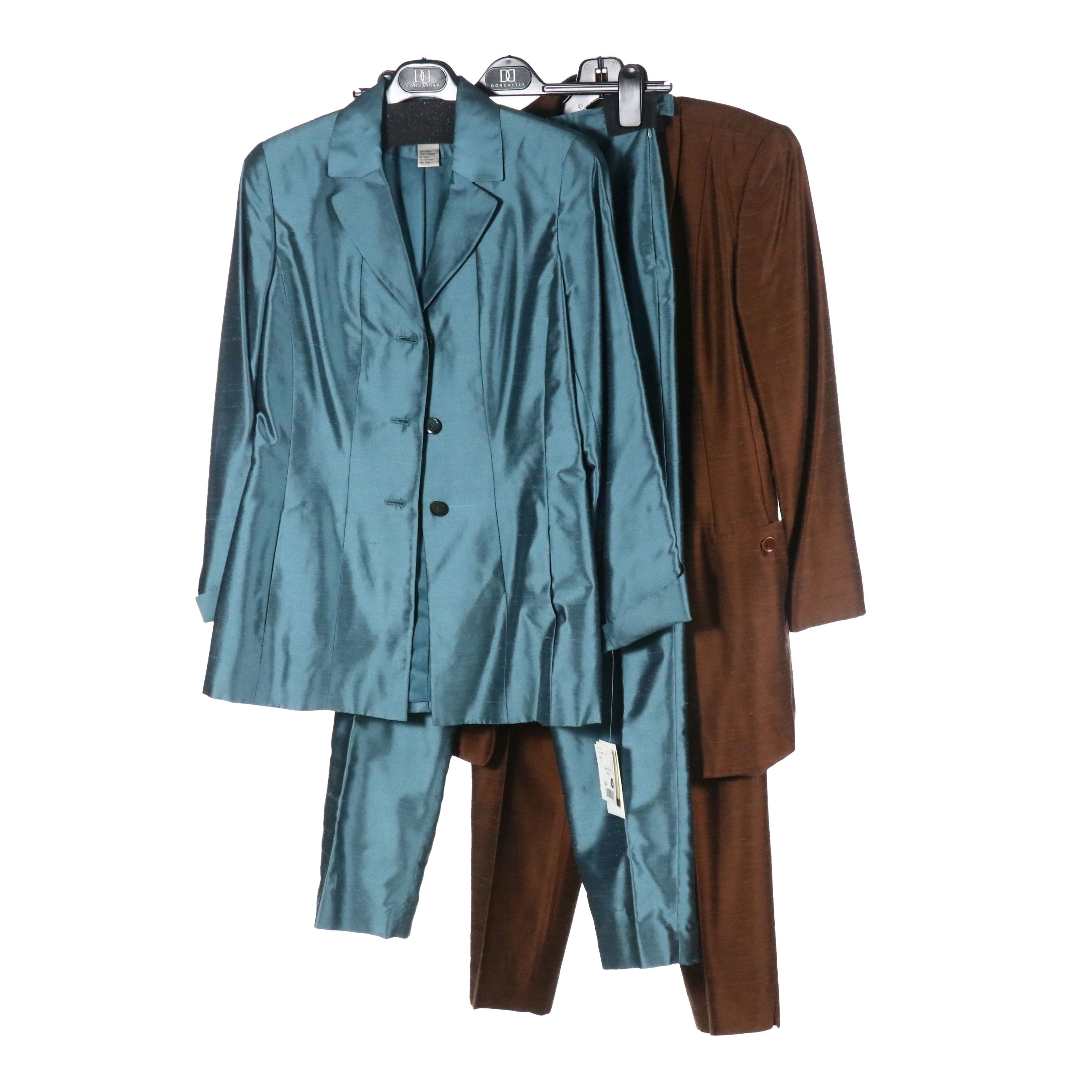 Doncaster Blue Silk and Dana Buchman Brown Straight-Leg Pantsuits