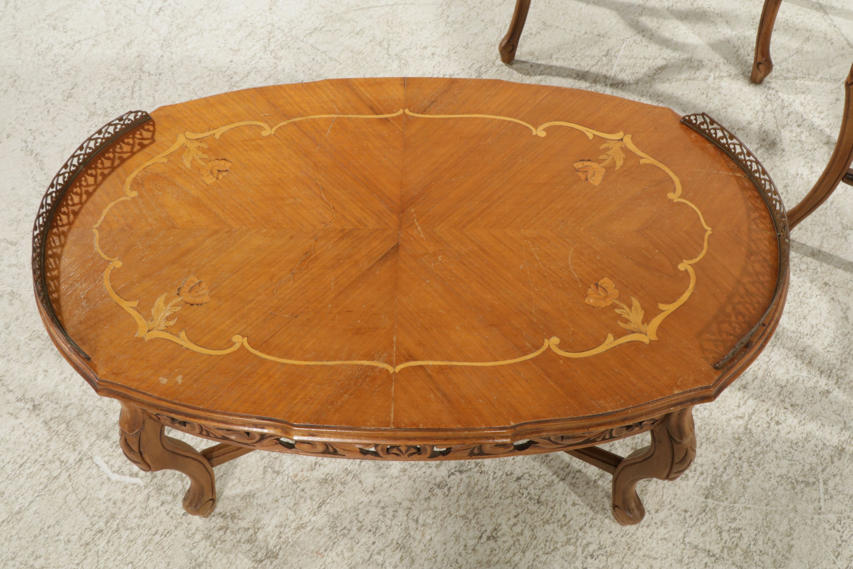 Louis XV Style Walnut and Marquetry Coffee Table and Two Side Tables