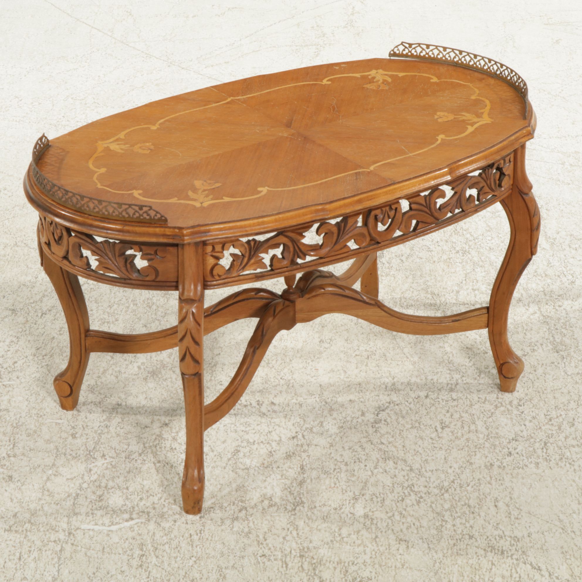 Louis XV Style Walnut and Marquetry Coffee Table and Two Side Tables