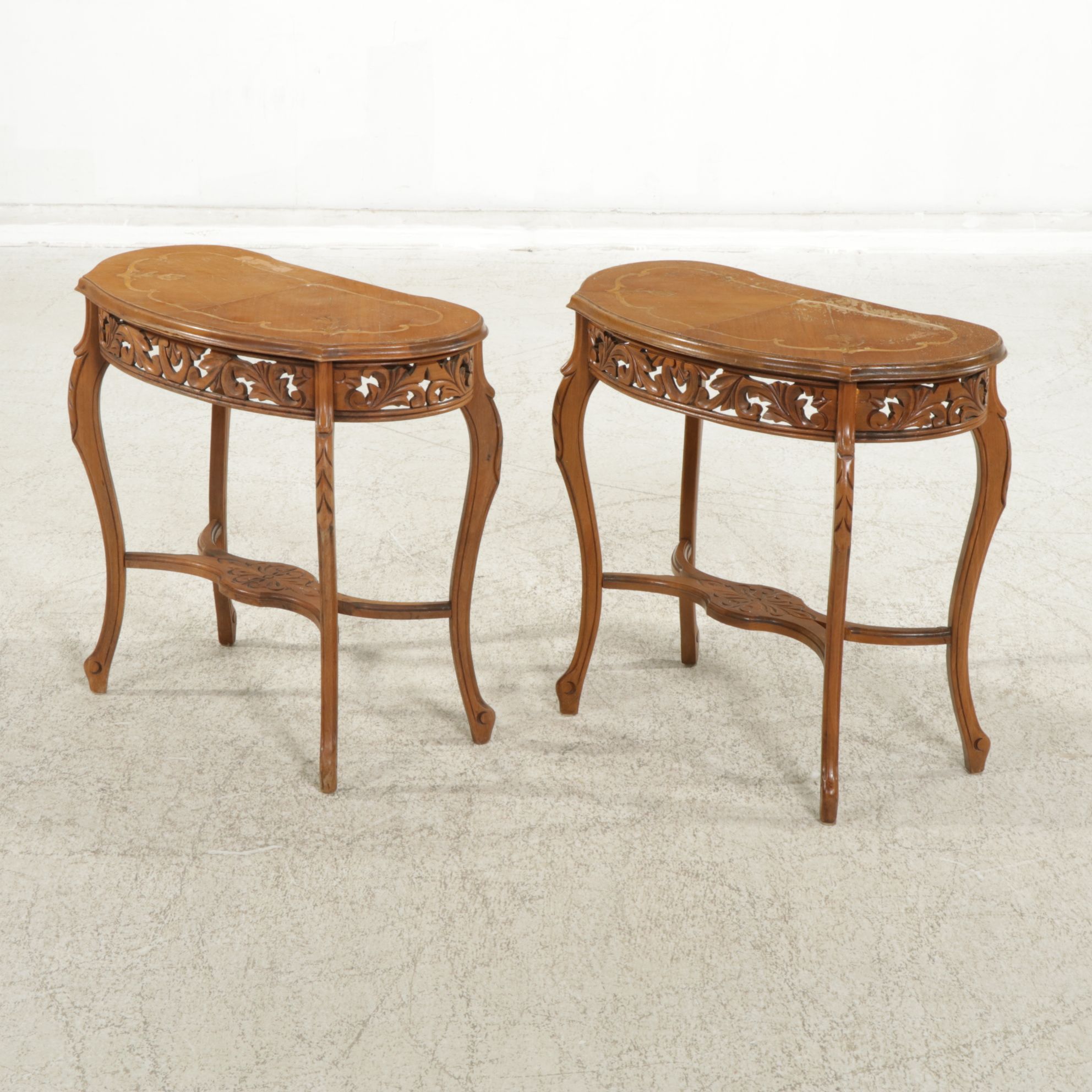Louis XV Style Walnut and Marquetry Coffee Table and Two Side Tables