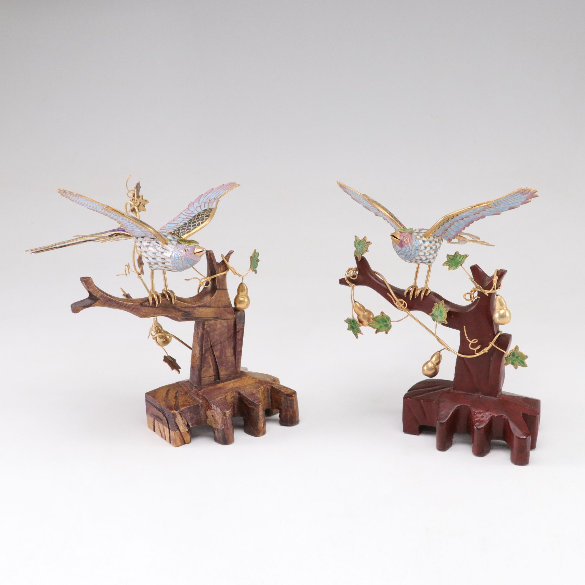 Chinese Cloisonné Pheasant & Pear Tree Figurines