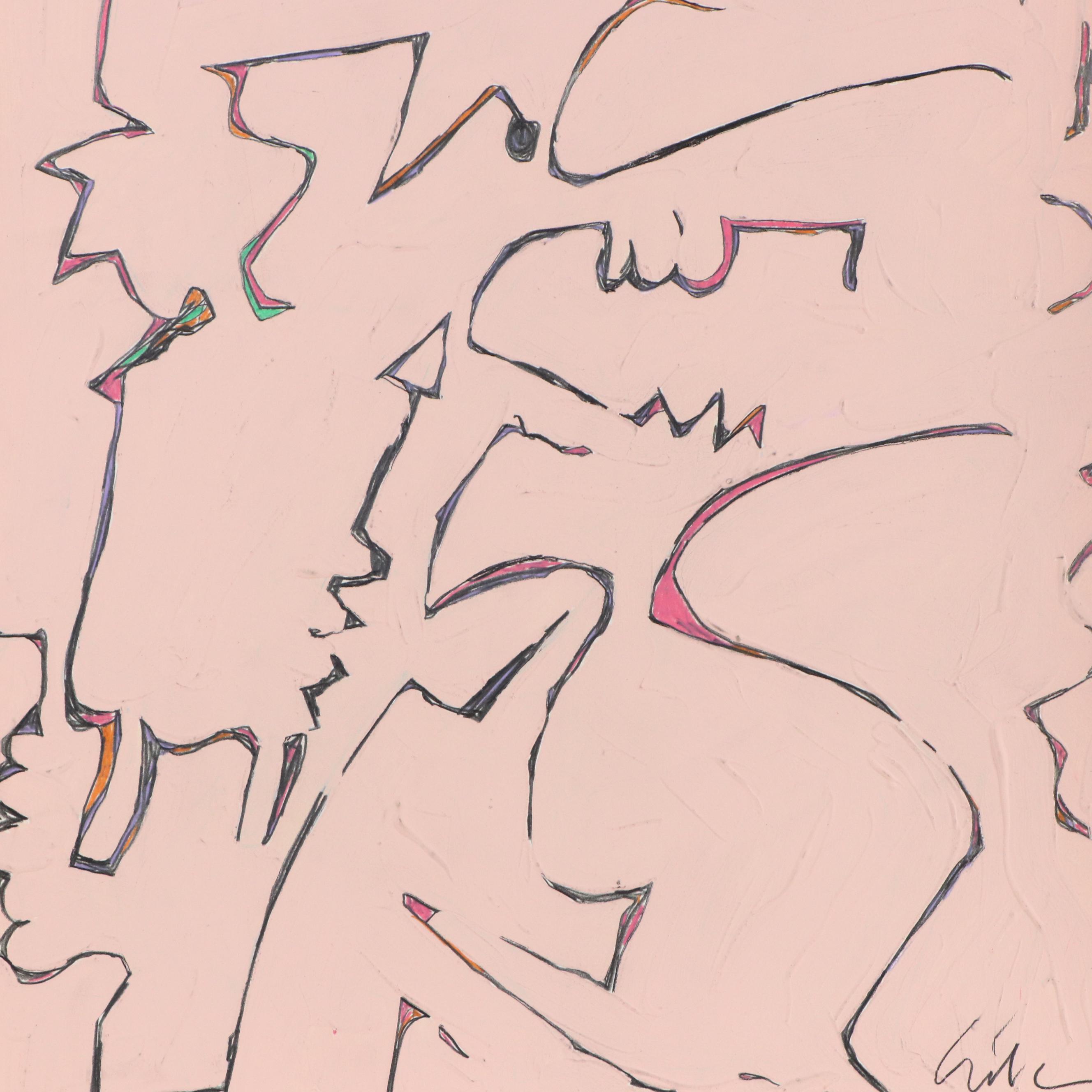 Harry Hilson Mixed Media Painting "Fighting Women #1," 1982