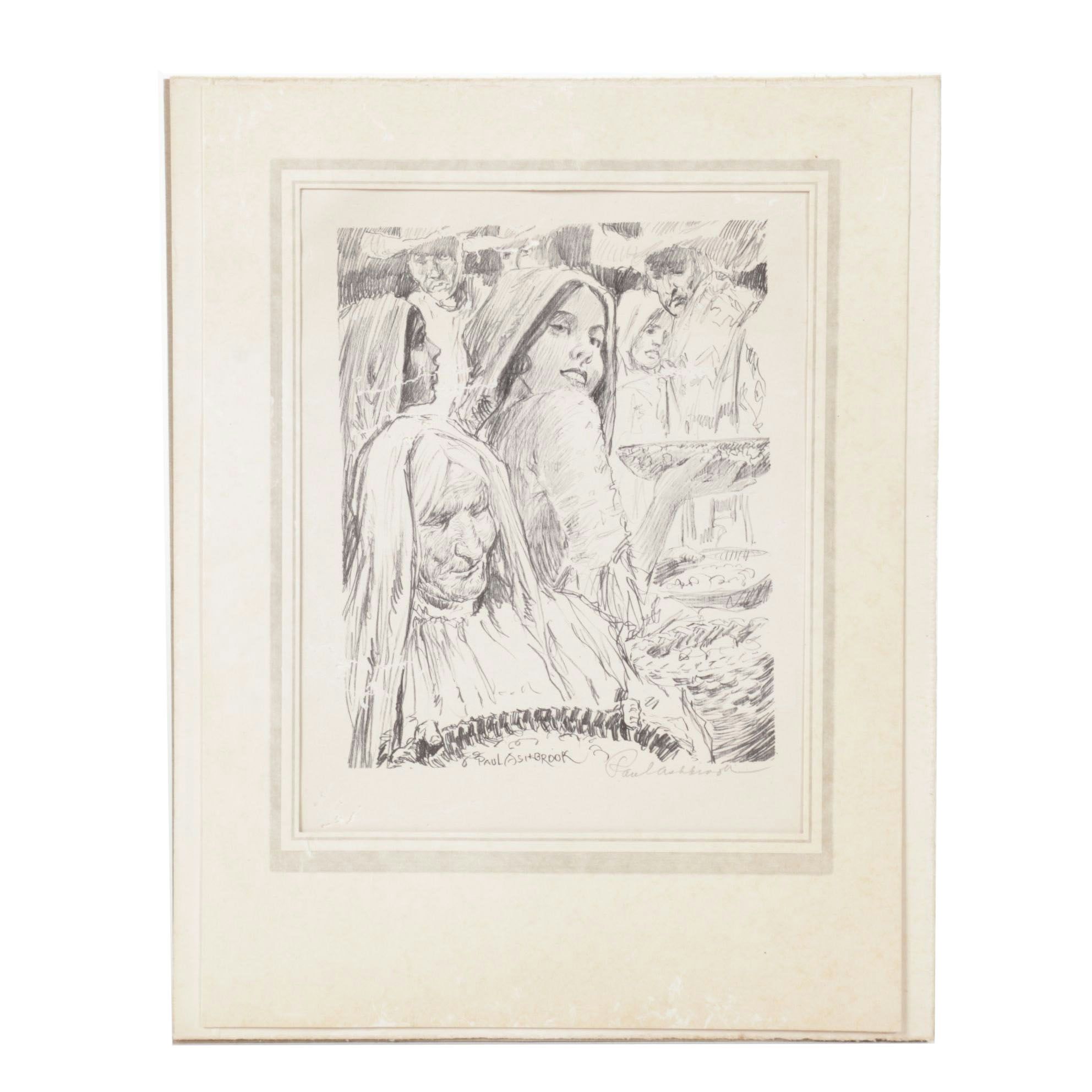 Paul Ashbrook Etching  "Mexican Market Scene," Early to Mid-20th Century