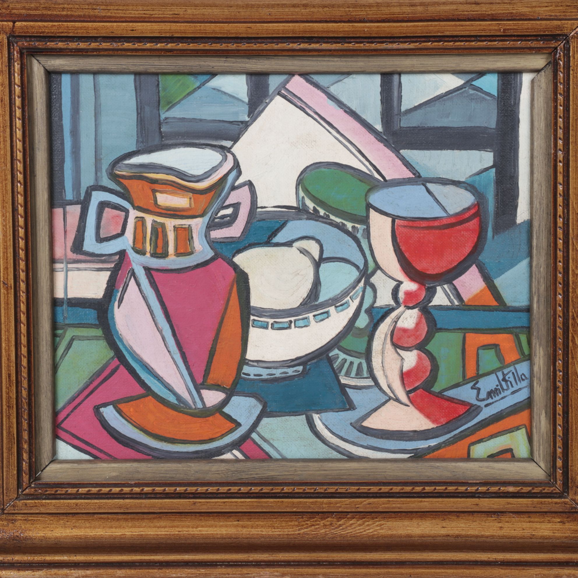 Emil Filla Cubist Style Oil Painting Still Life of Tableware, Early 20th Century