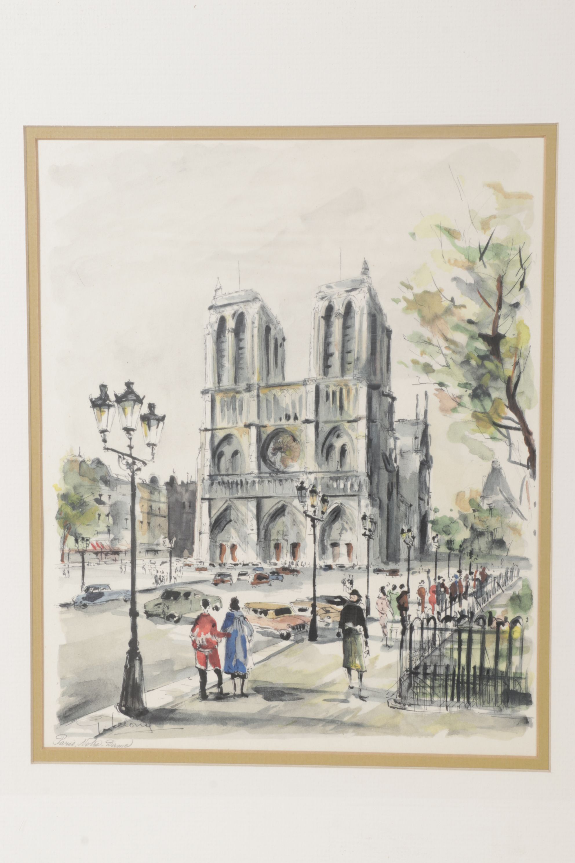 G. LeLong "Paris, La Tour Eiffel" and "Paris, Notre Dame" Watercolor Paintings