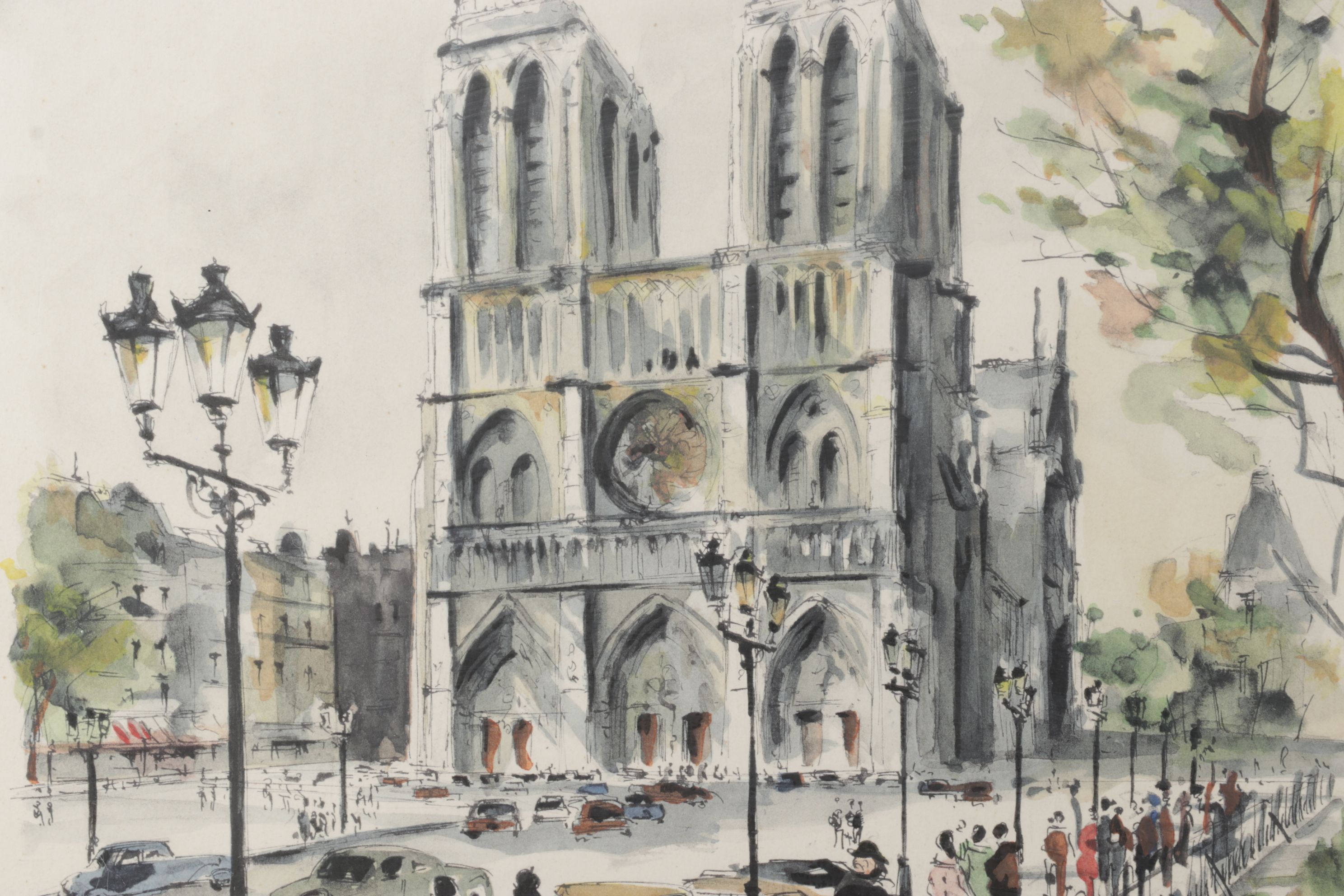 G. LeLong "Paris, La Tour Eiffel" and "Paris, Notre Dame" Watercolor Paintings