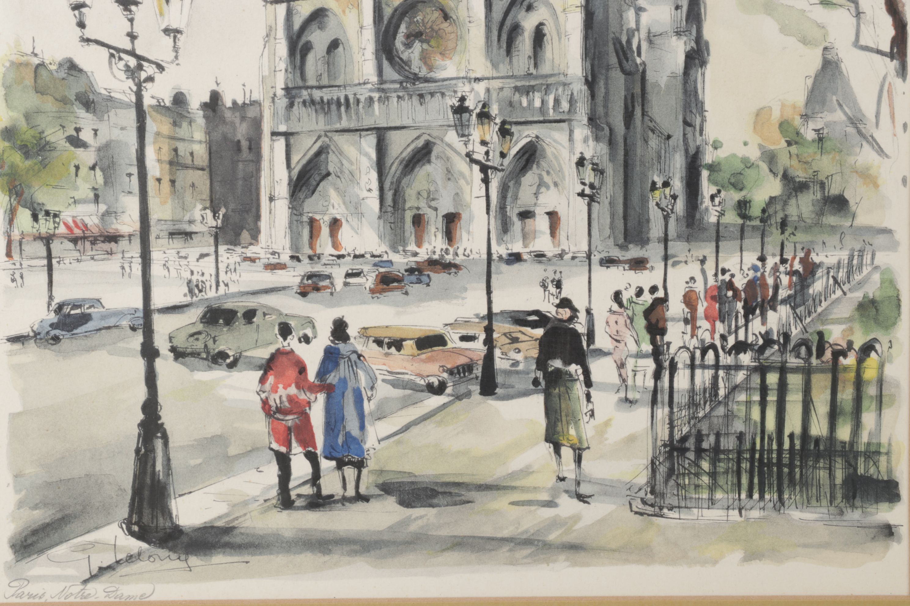 G. LeLong "Paris, La Tour Eiffel" and "Paris, Notre Dame" Watercolor Paintings