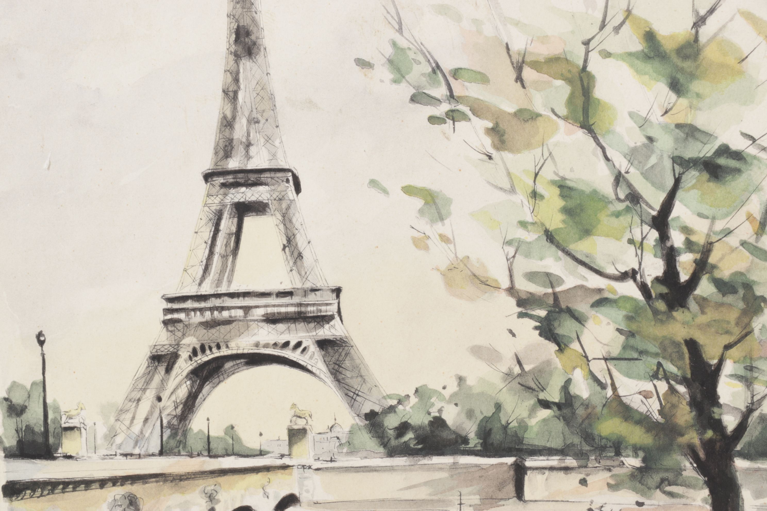 G. LeLong "Paris, La Tour Eiffel" and "Paris, Notre Dame" Watercolor Paintings
