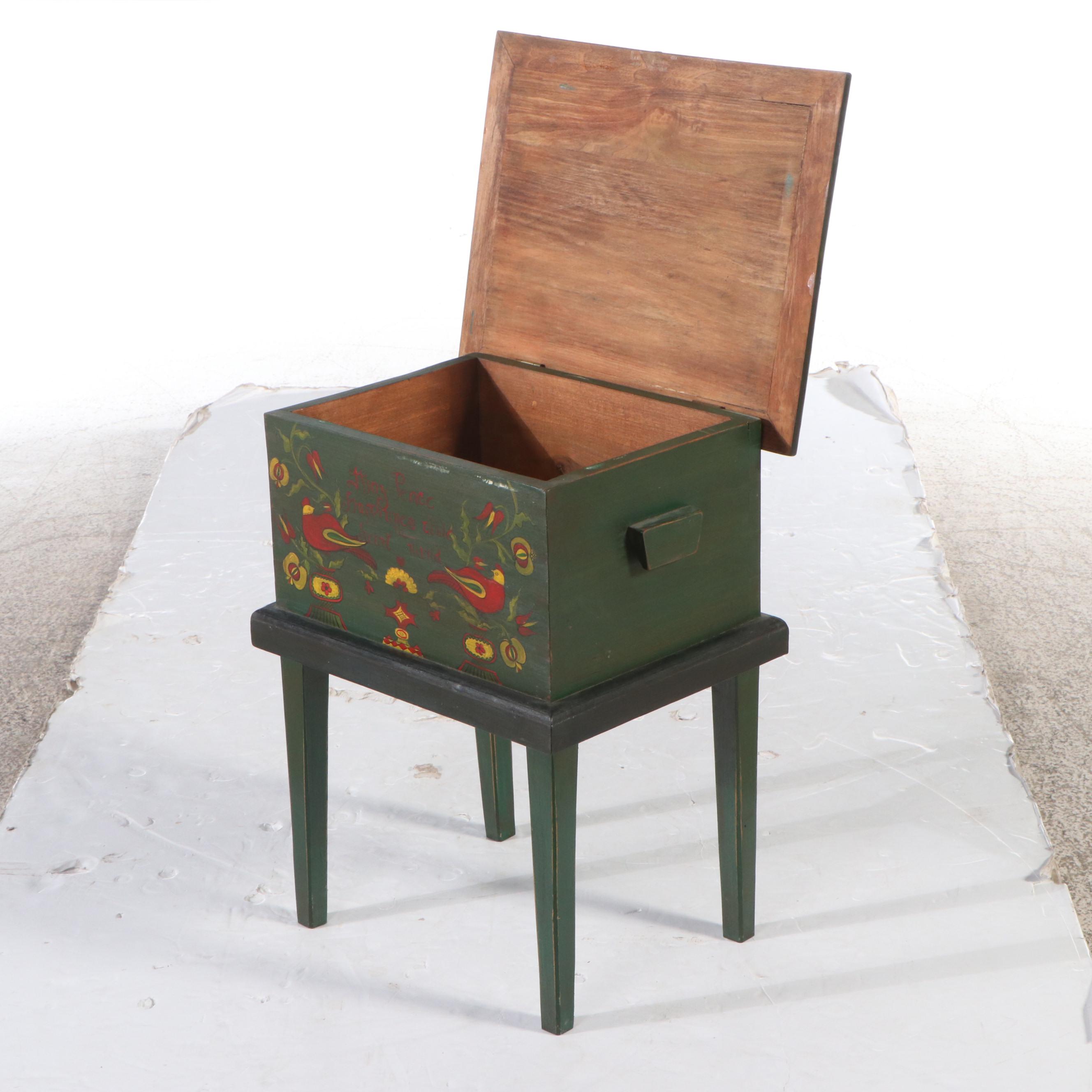 Folk Art Style Paint-Decorated Wood Chest on Stand, 1985