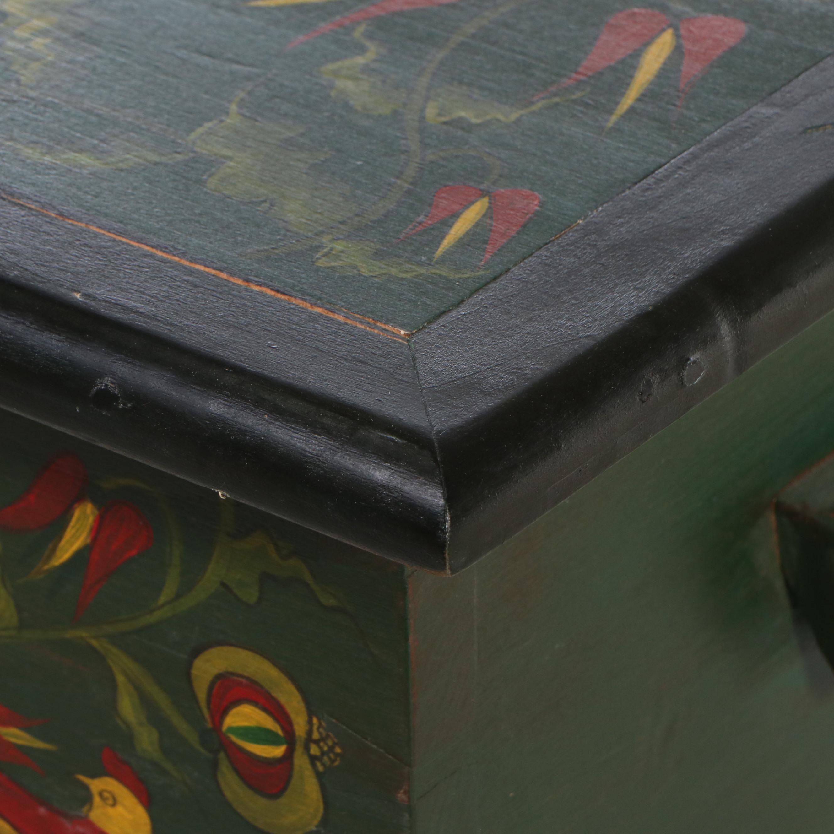 Folk Art Style Paint-Decorated Wood Chest on Stand, 1985
