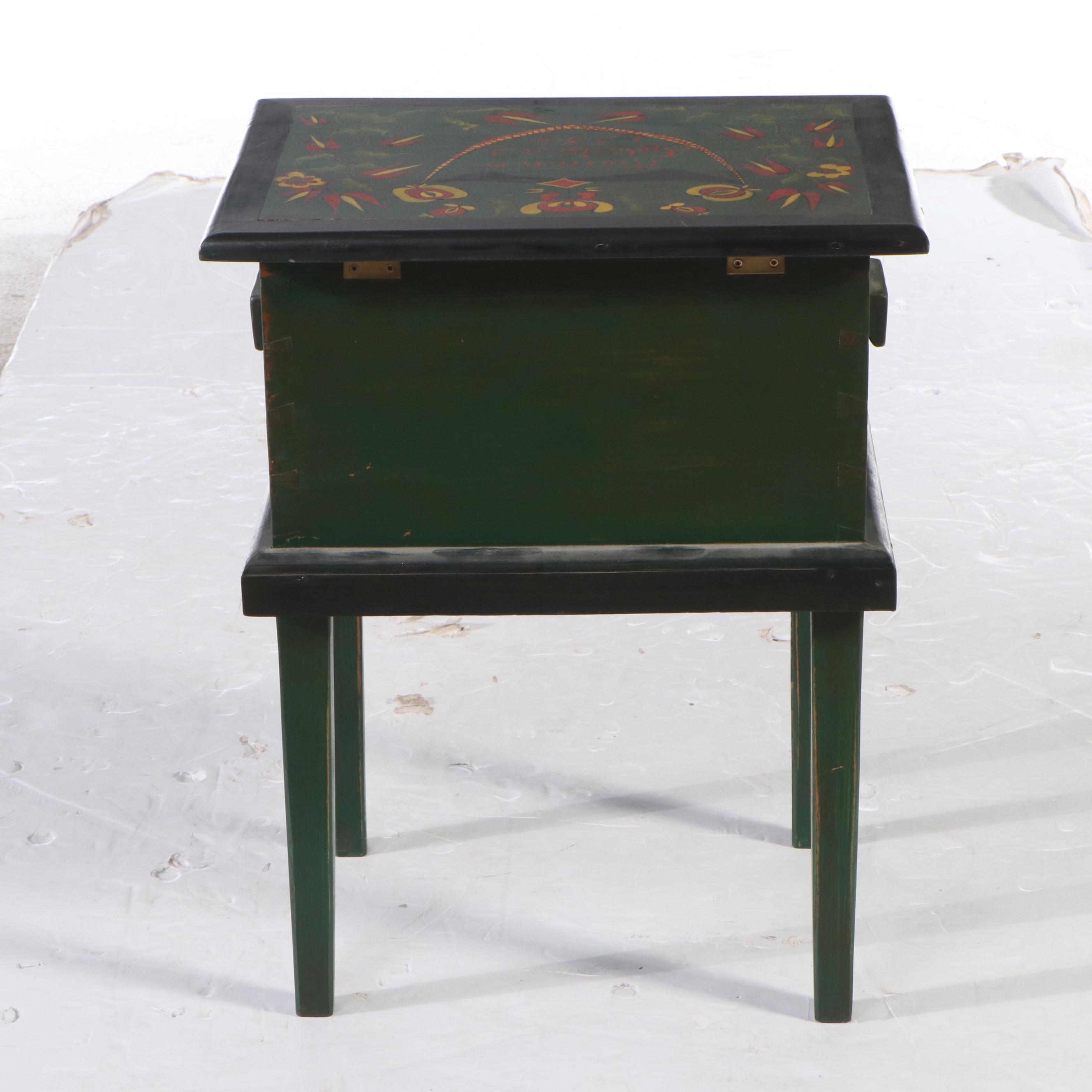 Folk Art Style Paint-Decorated Wood Chest on Stand, 1985