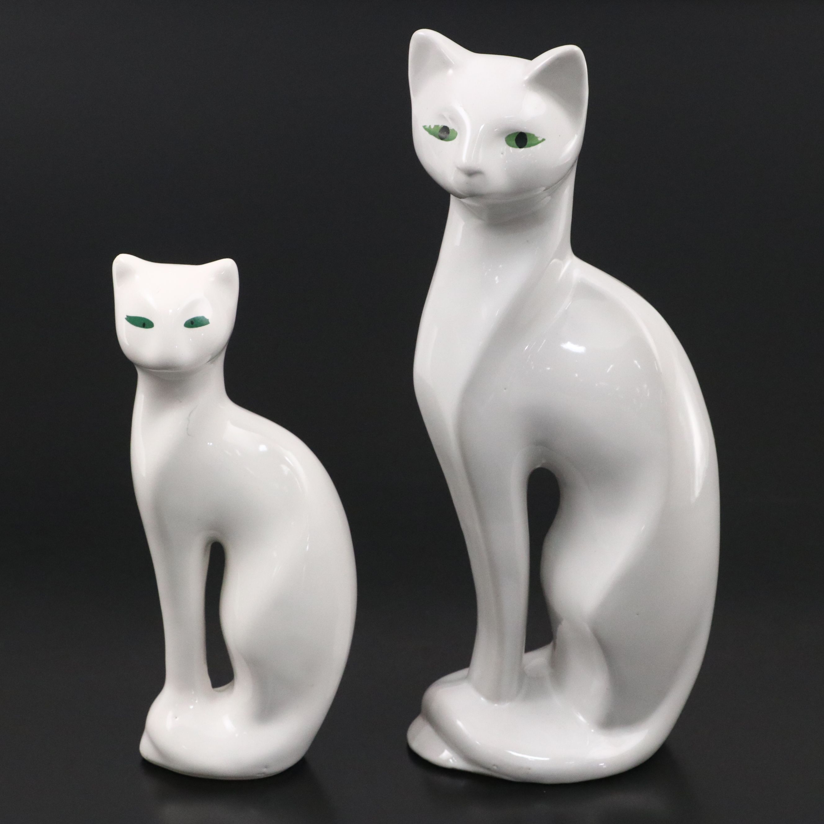 Mid Century Modern Style Green Eyed White Cat Ceramic Figures