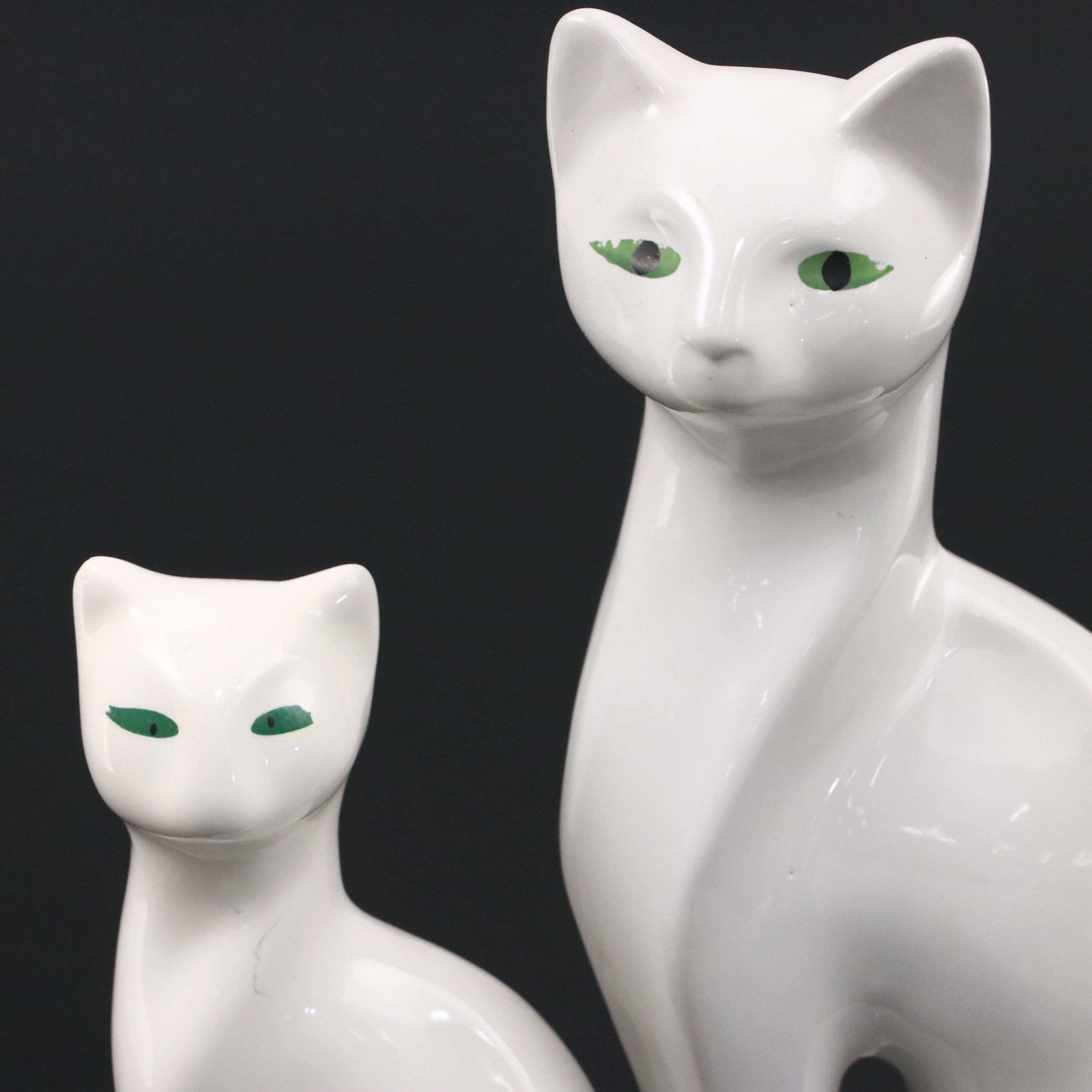 Mid Century Modern Style Green Eyed White Cat Ceramic Figures