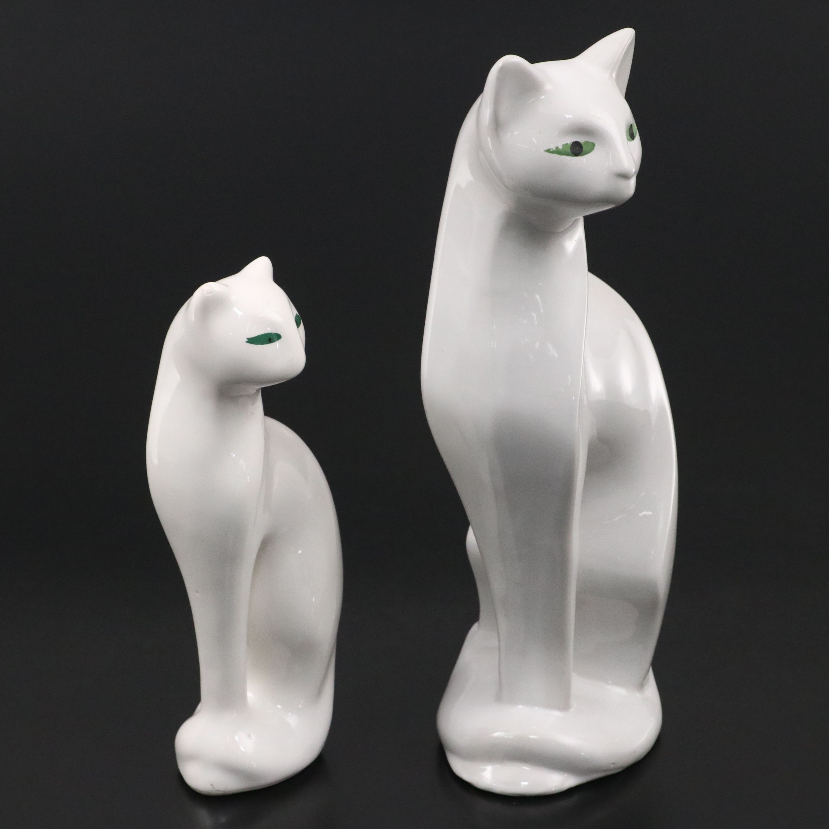 Mid Century Modern Style Green Eyed White Cat Ceramic Figures