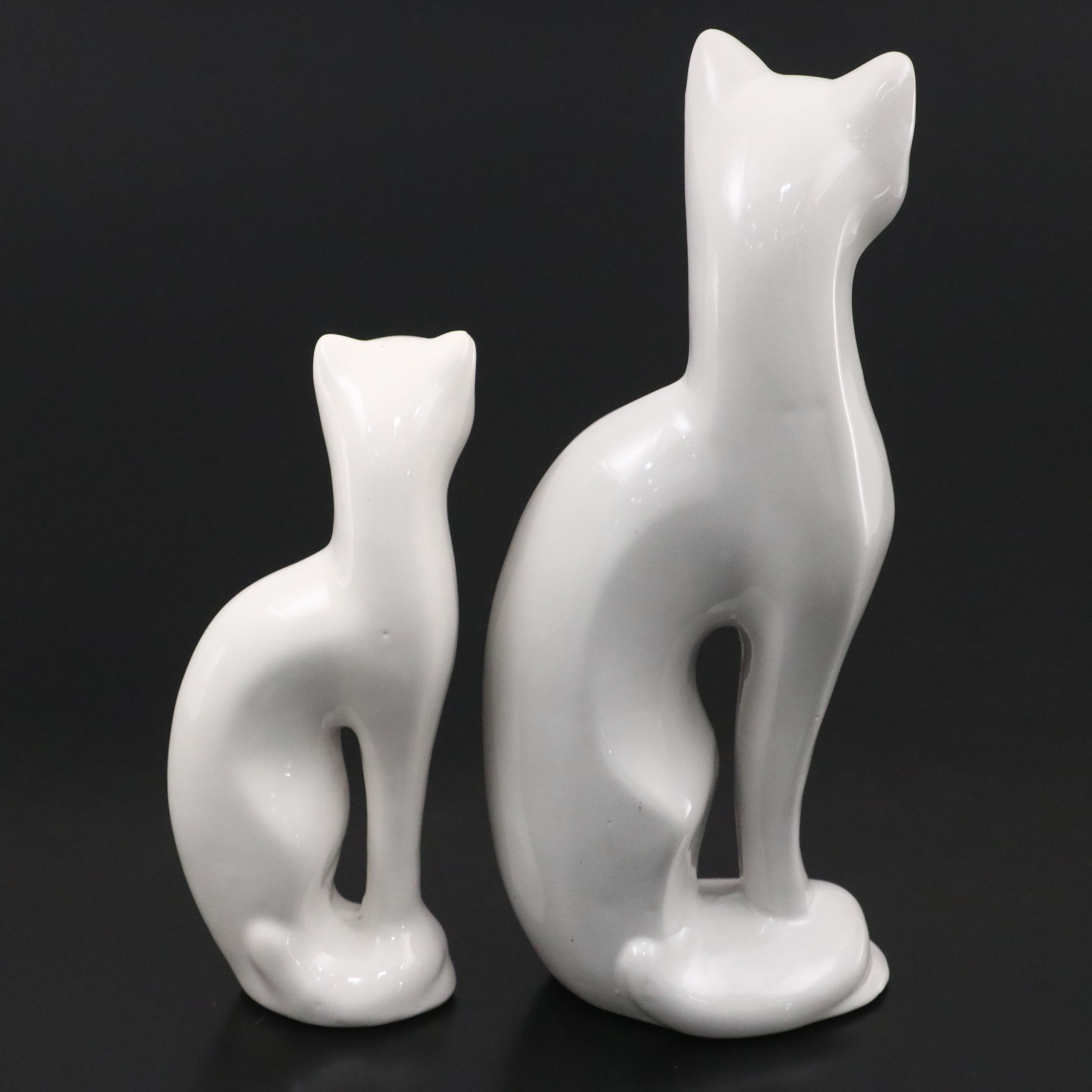 Mid Century Modern Style Green Eyed White Cat Ceramic Figures