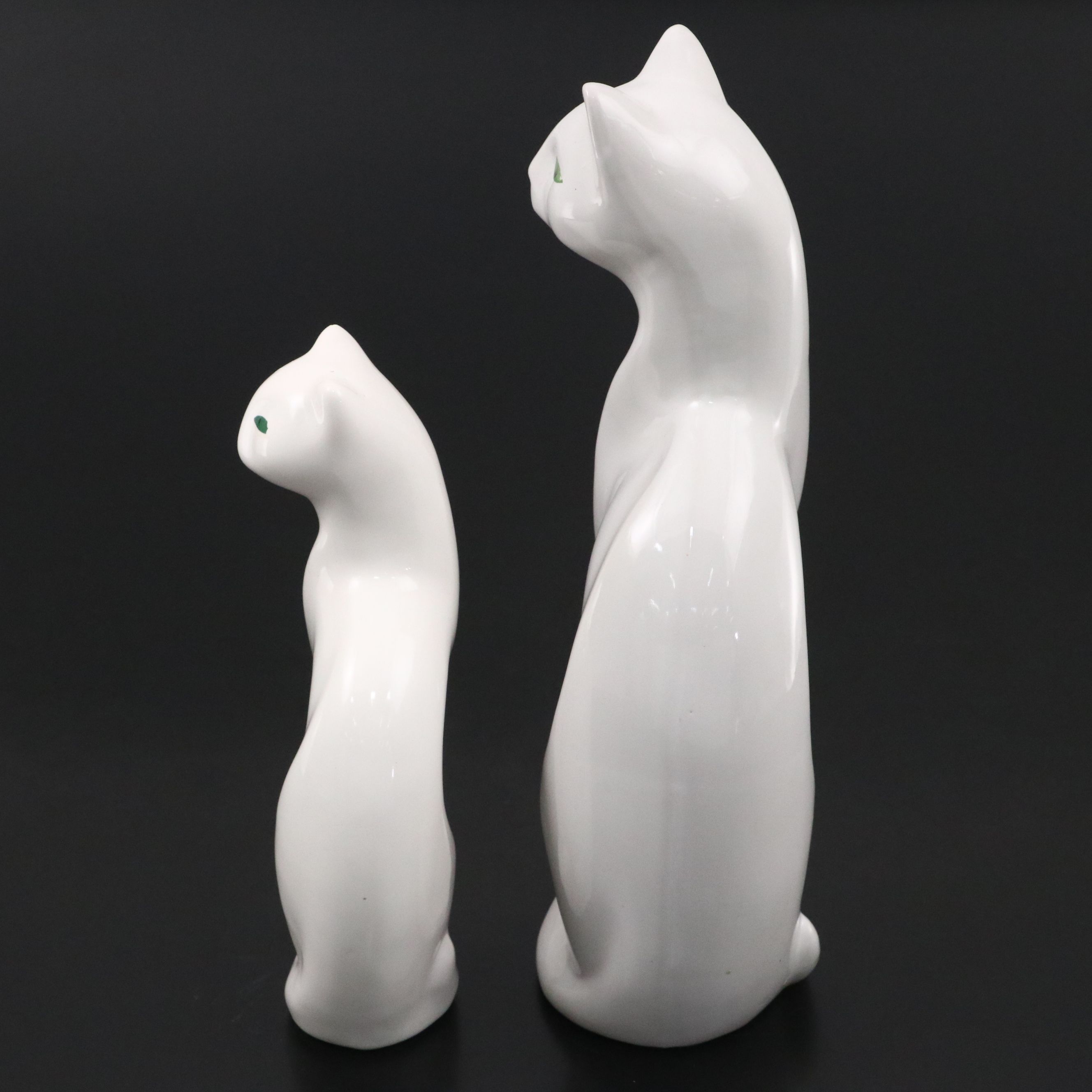 Mid Century Modern Style Green Eyed White Cat Ceramic Figures