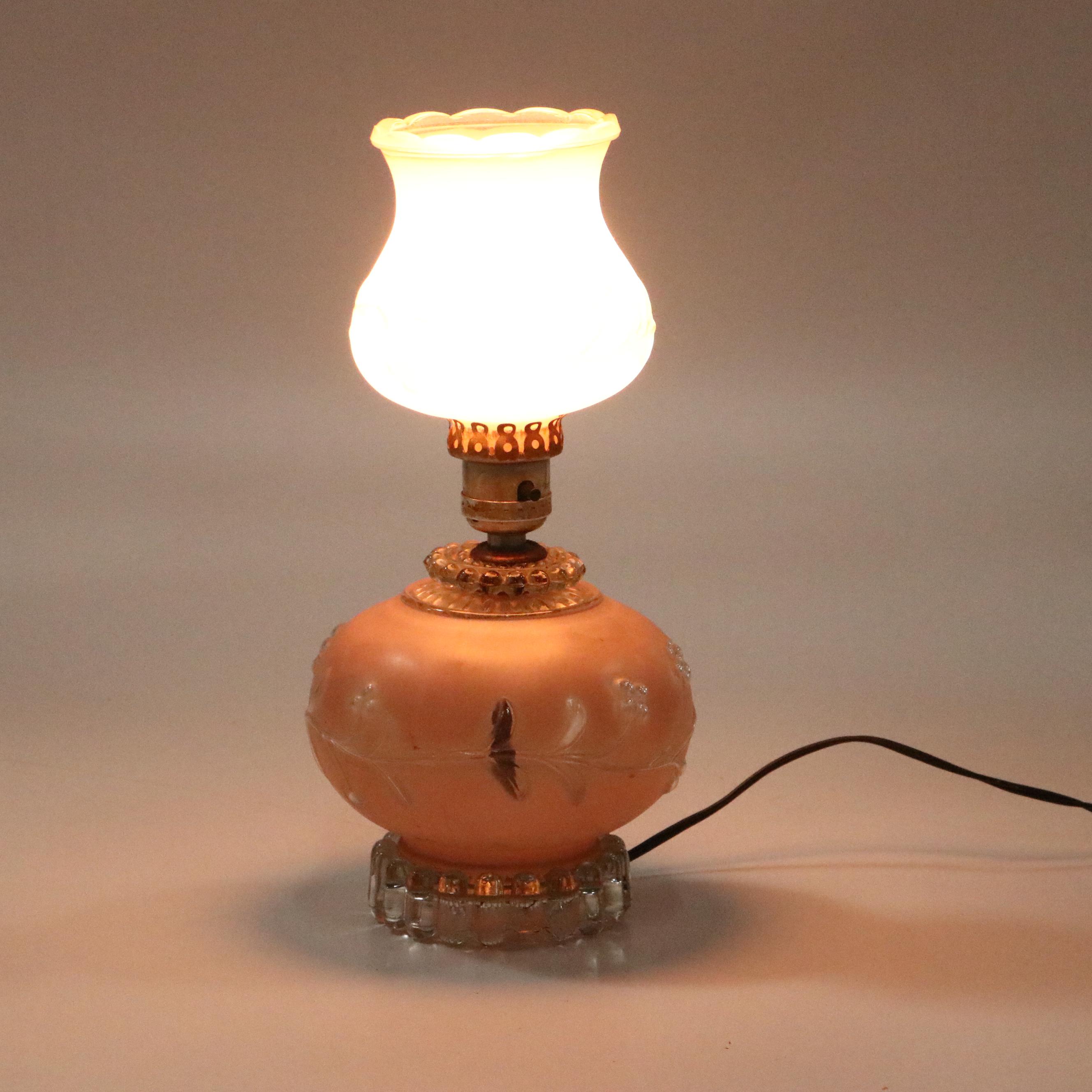 Victorian Style Frosted Pink Glass Boudoir Lamp, Mid-20th Century