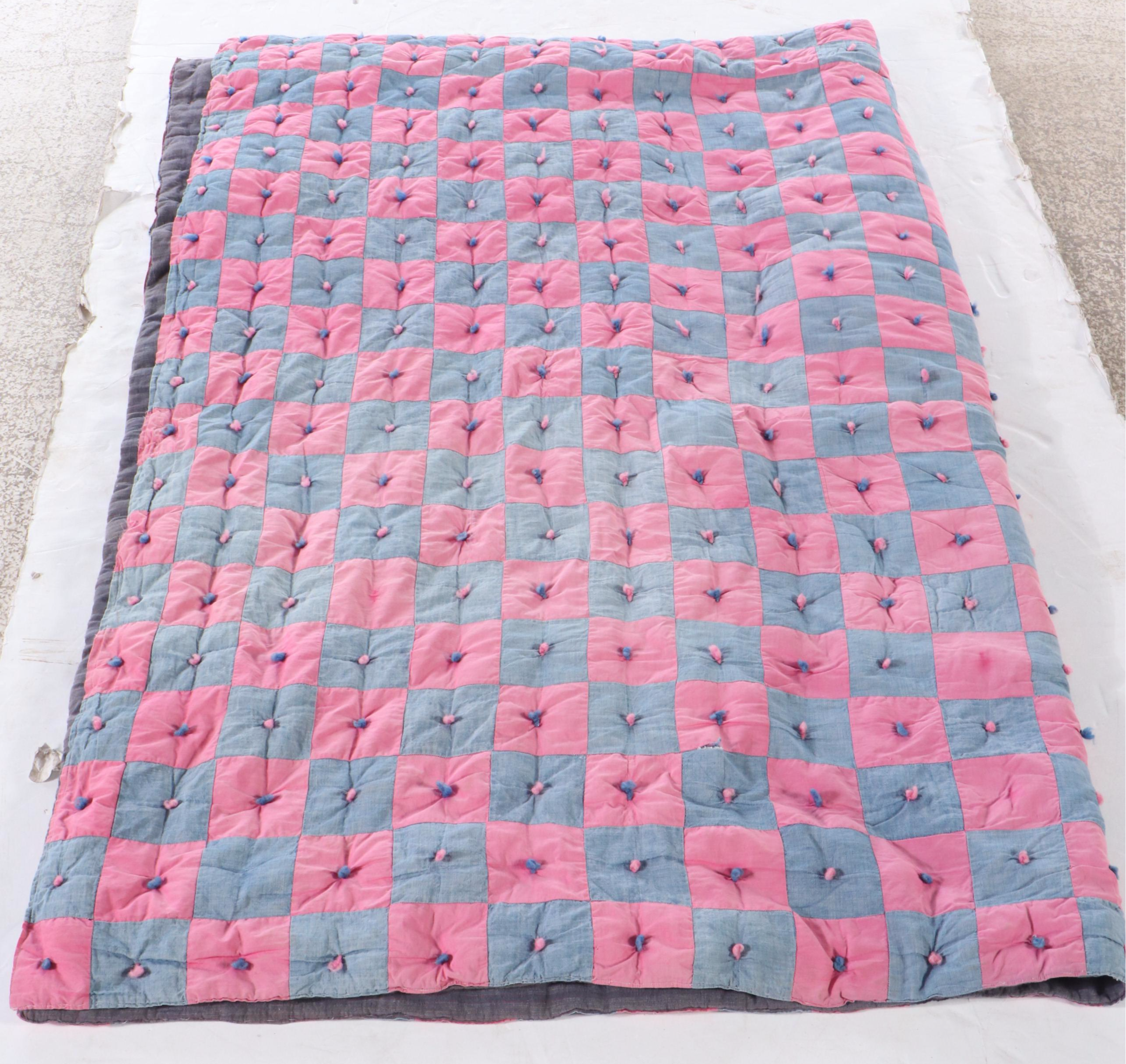 Wooden Quilt Rack with Hand-Tied Block Quilt, 20th Century