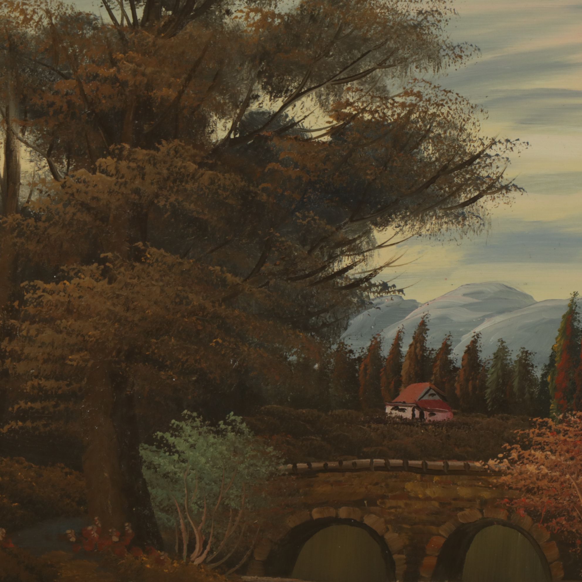 Oil Painting of Autumnal Riverbank Landscape Scene Featuring a Small Village