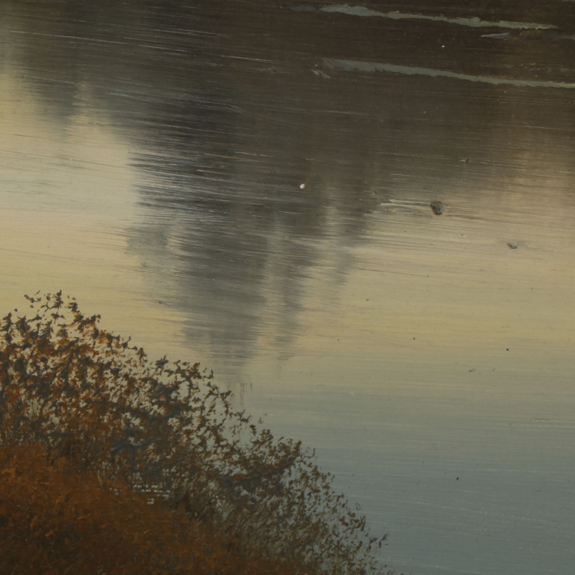 Oil Painting of Autumnal Riverbank Landscape Scene Featuring a Small Village