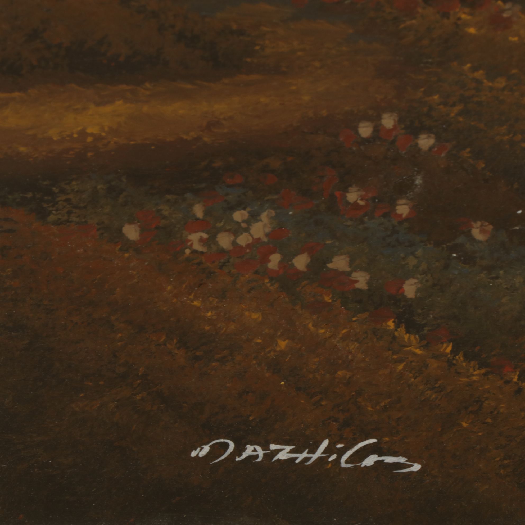 Oil Painting of Autumnal Riverbank Landscape Scene Featuring a Small Village