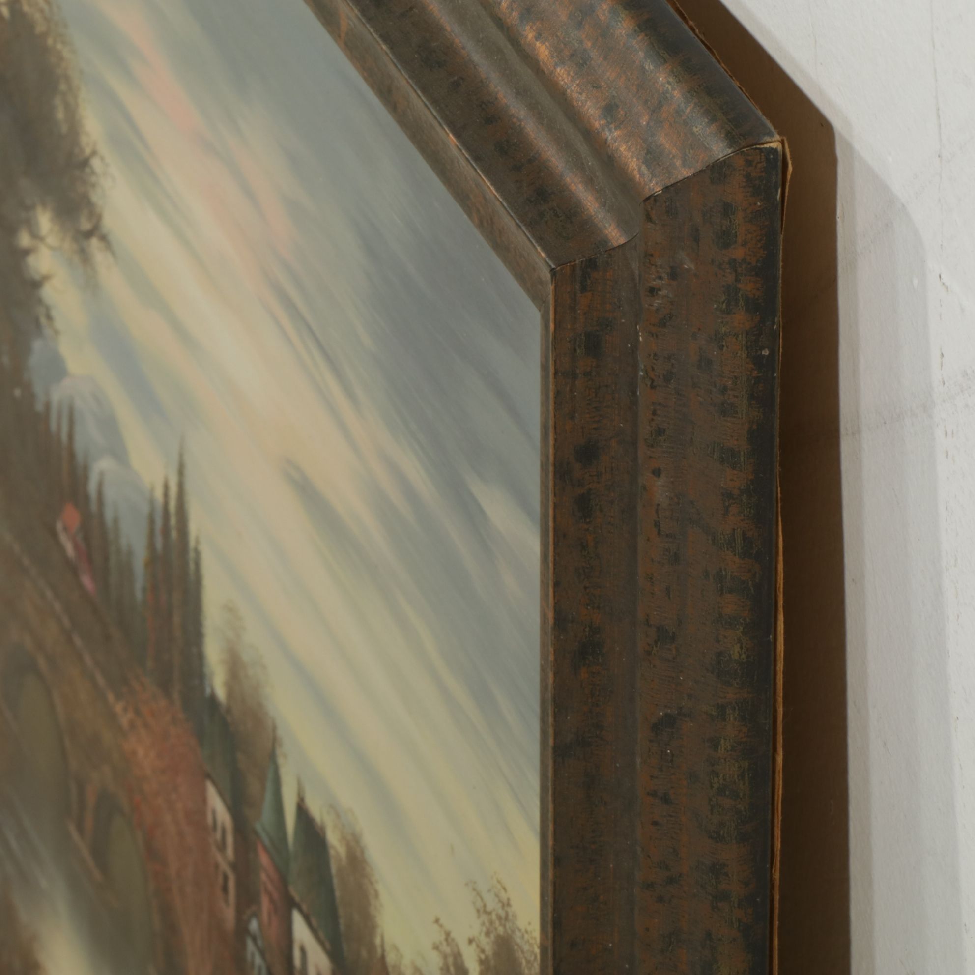 Oil Painting of Autumnal Riverbank Landscape Scene Featuring a Small Village