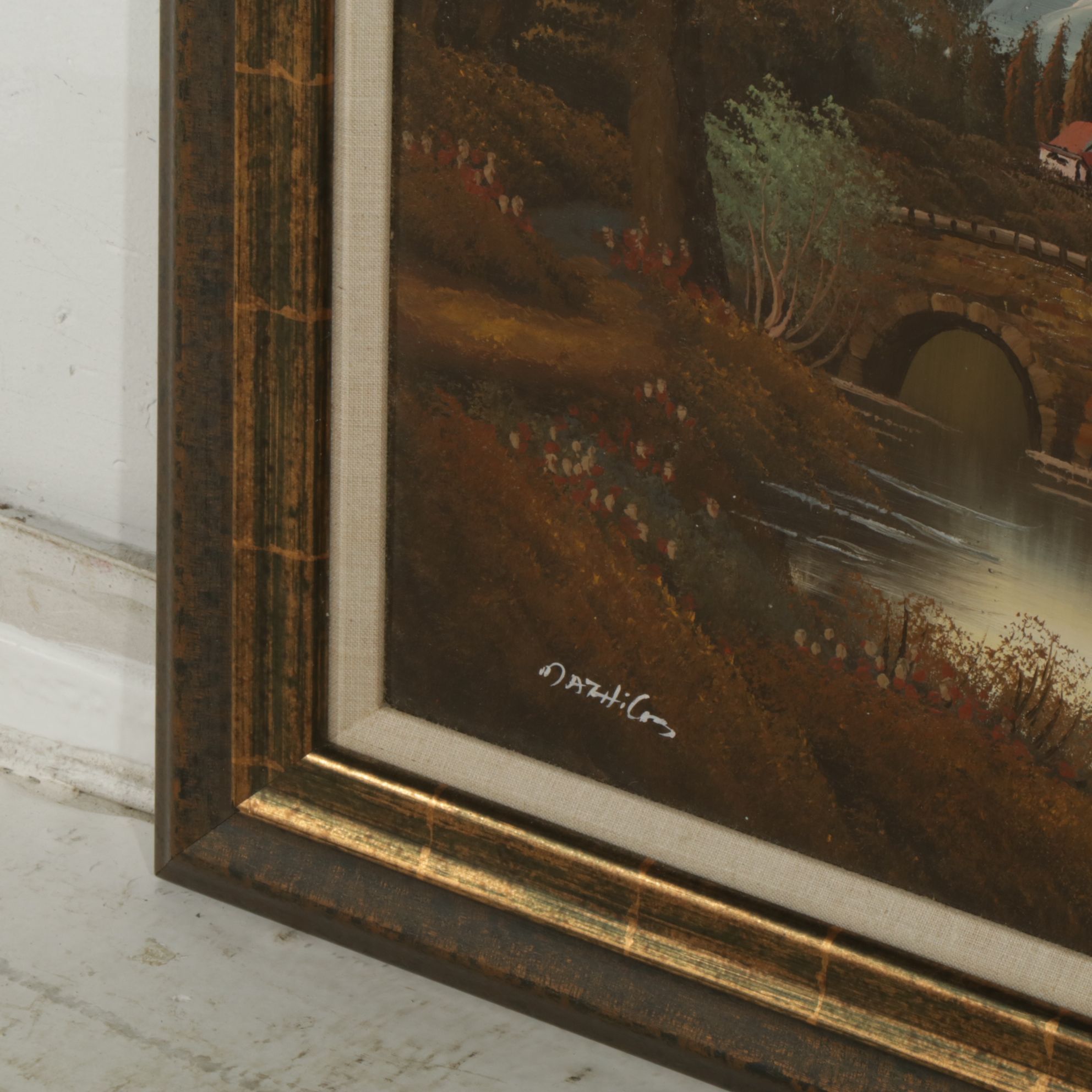 Oil Painting of Autumnal Riverbank Landscape Scene Featuring a Small Village