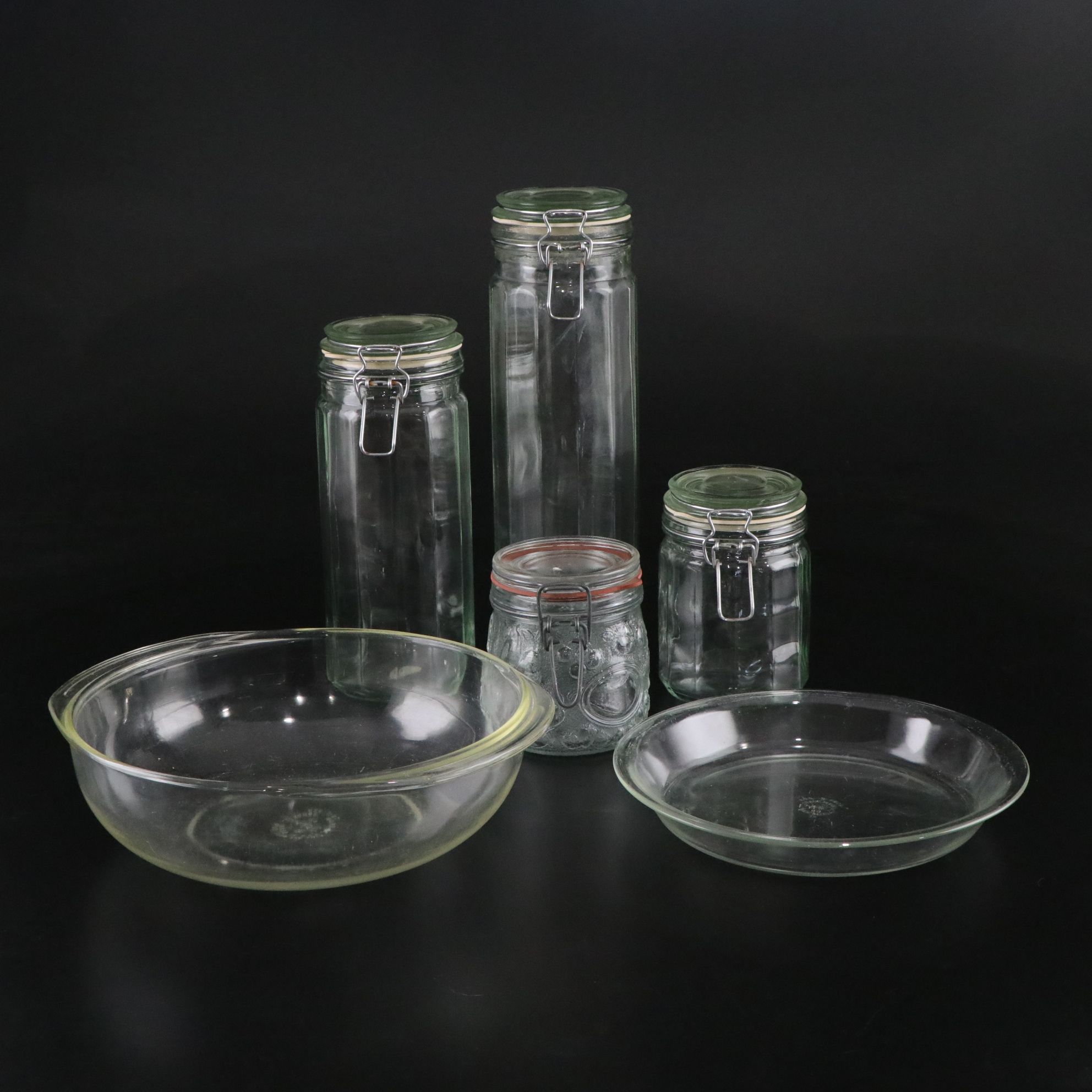 Pyrex Mixing Bowl and Pie Dish with Glass Kitchen Jars