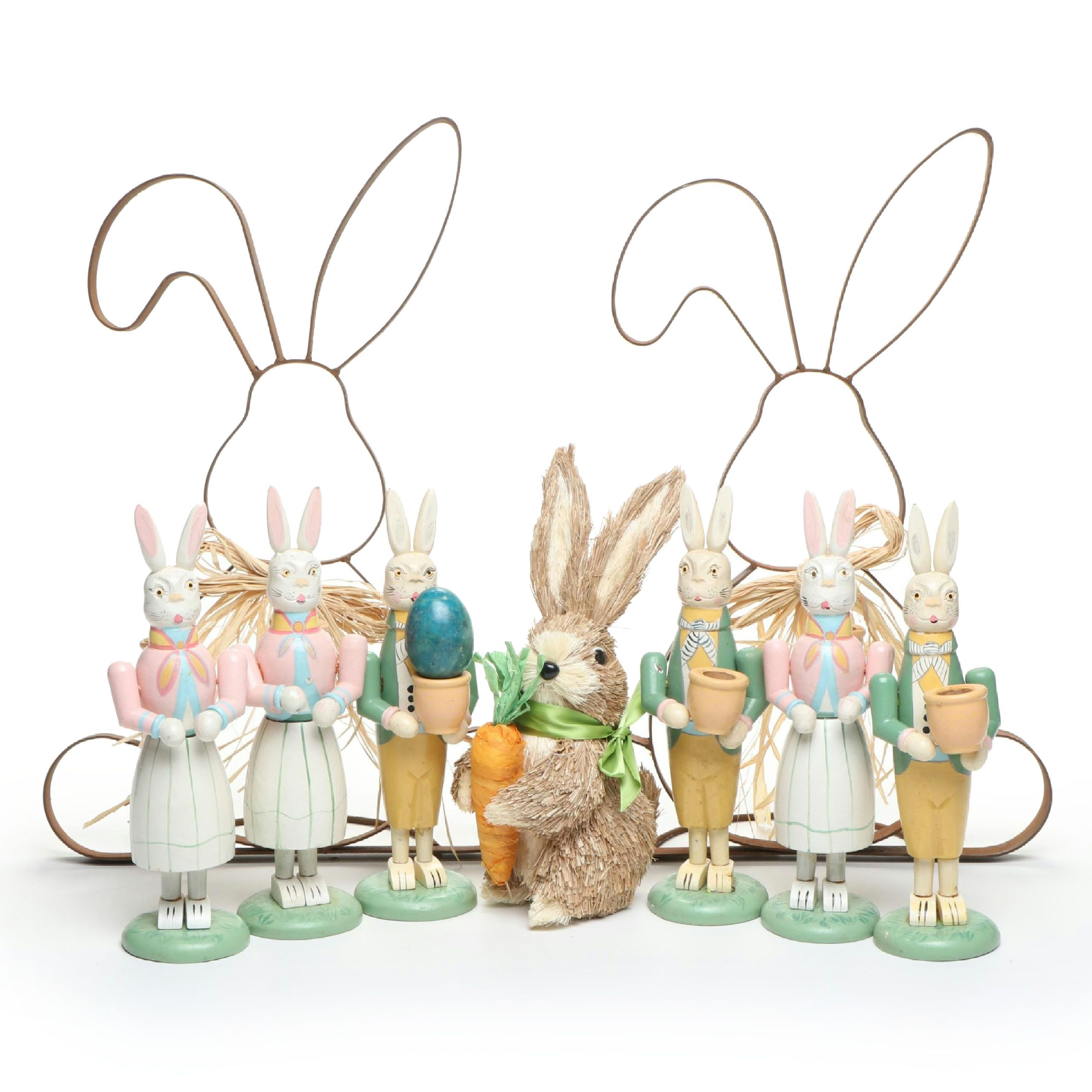 Wood Bunny Candlesticks with Other Metal and Wicker Bunny and Stone Egg Figures