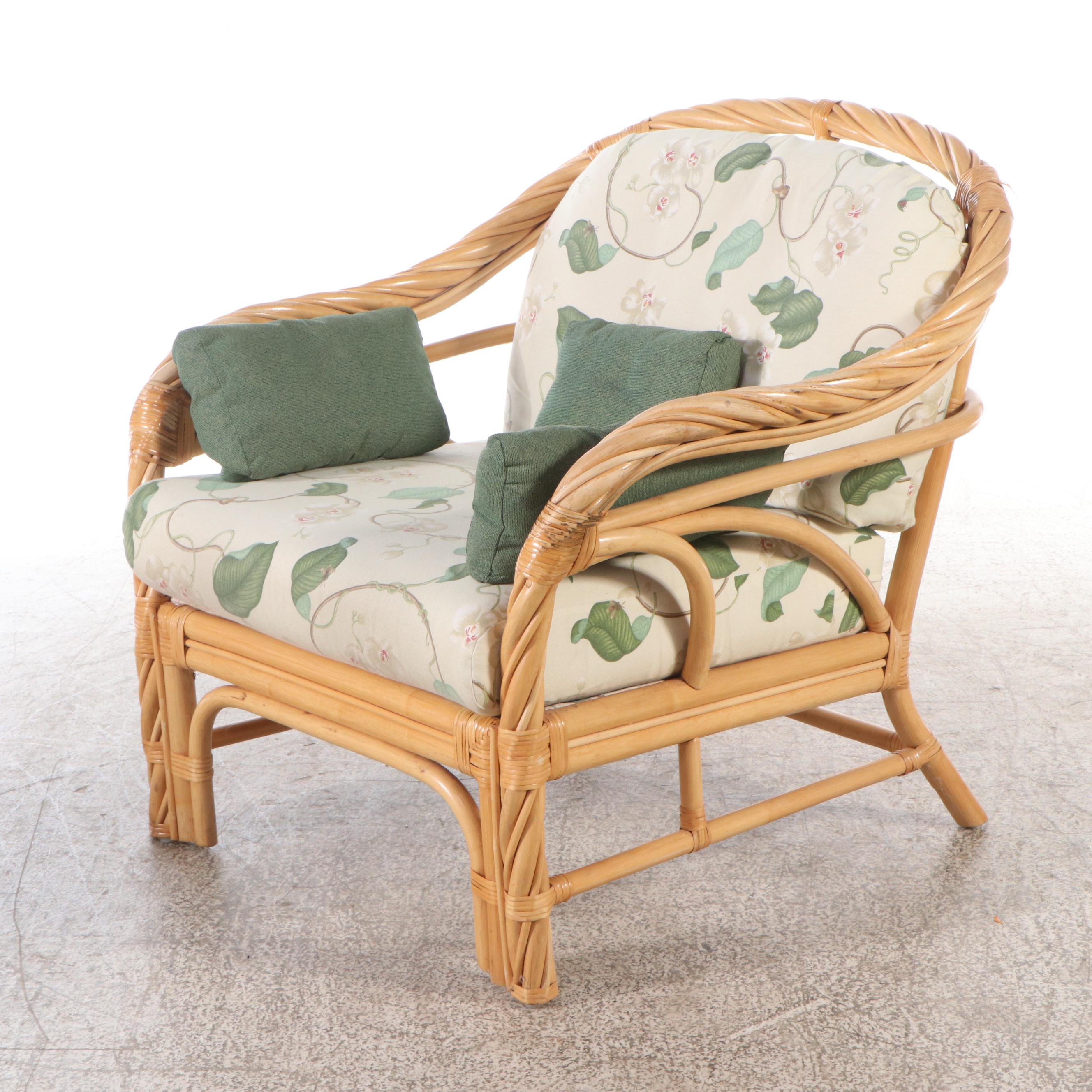 Rattan Bentwood Armchair with Ottoman, Accent Table & Cushions