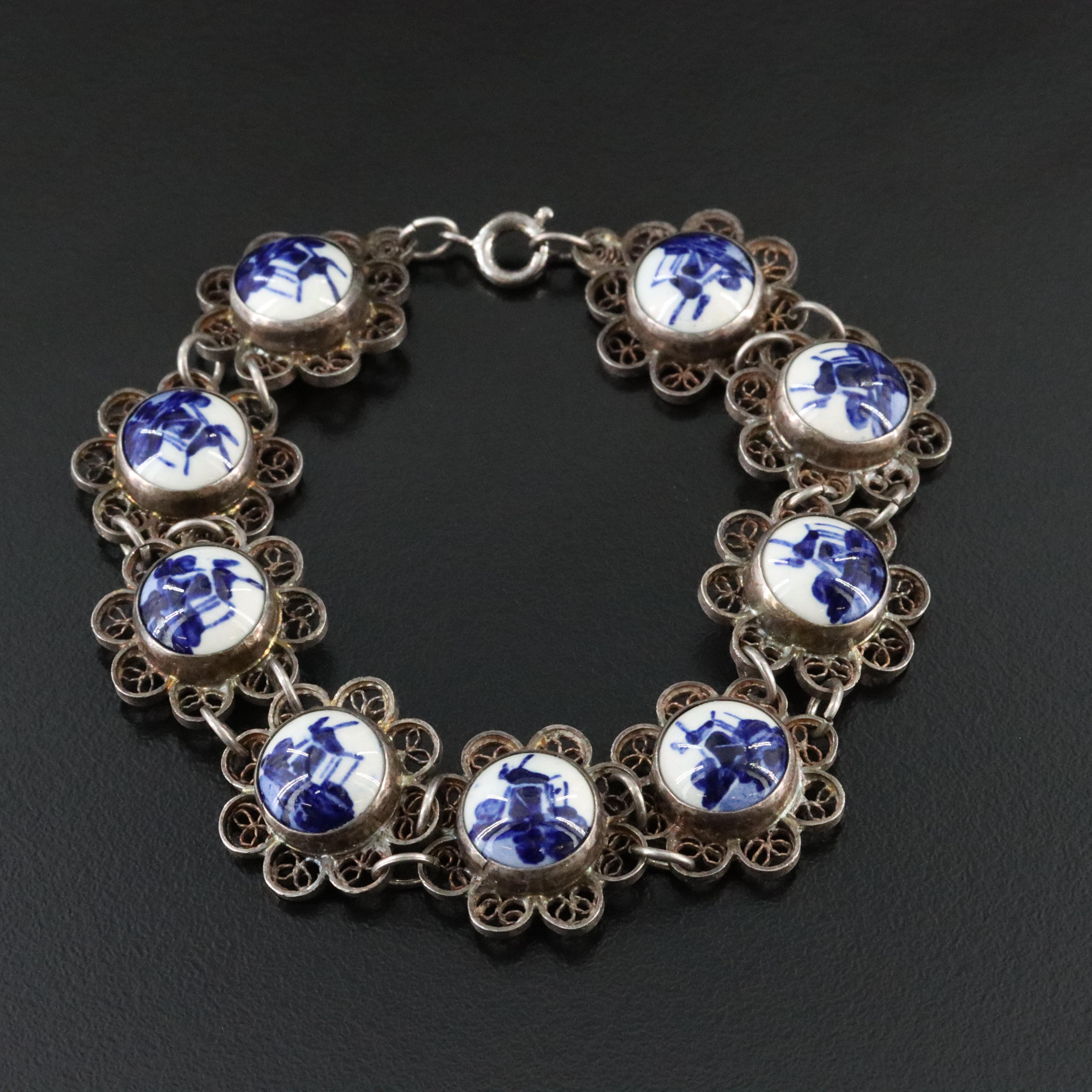 Sterling Delft Windmill Ceramic Filigree Bracelet