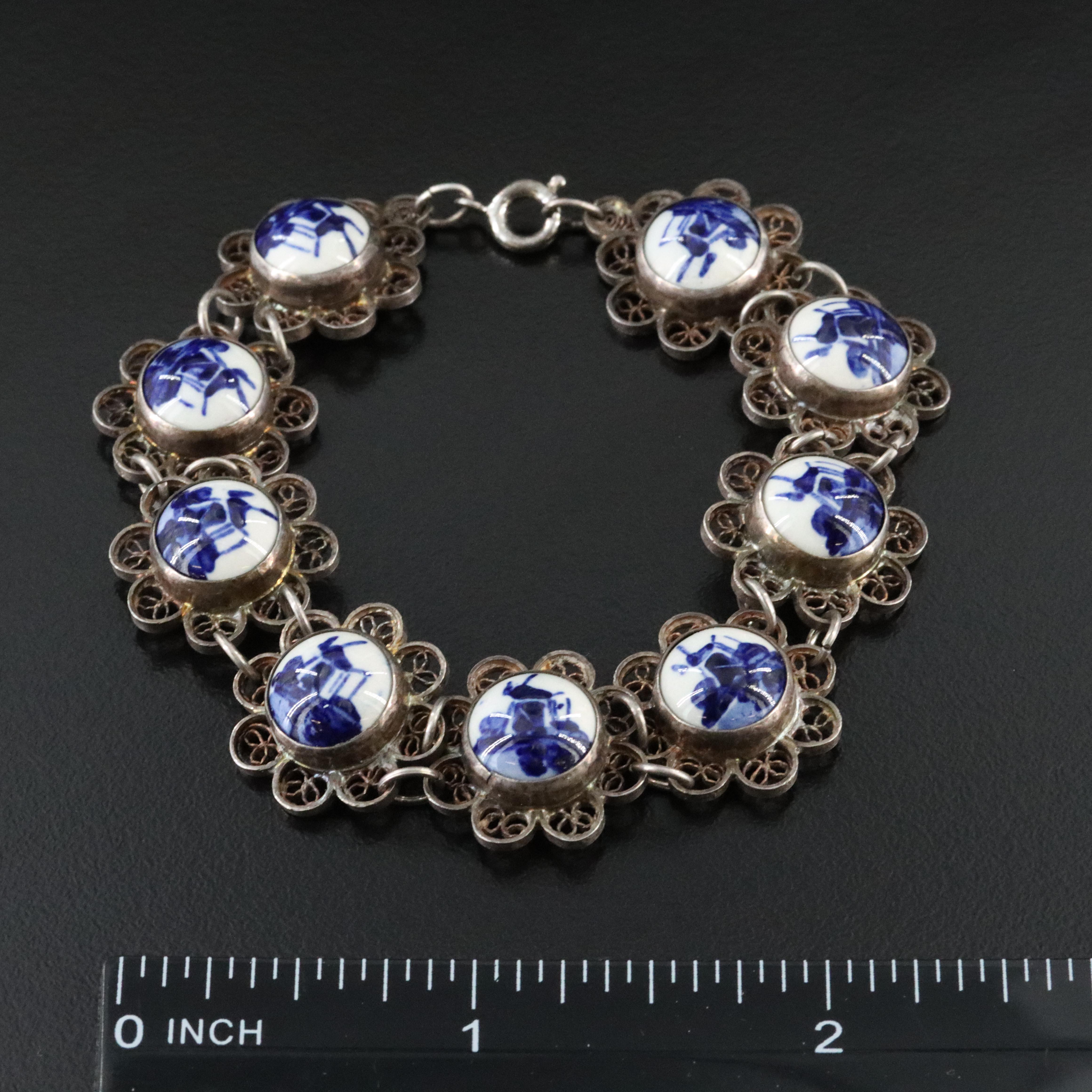 Sterling Delft Windmill Ceramic Filigree Bracelet