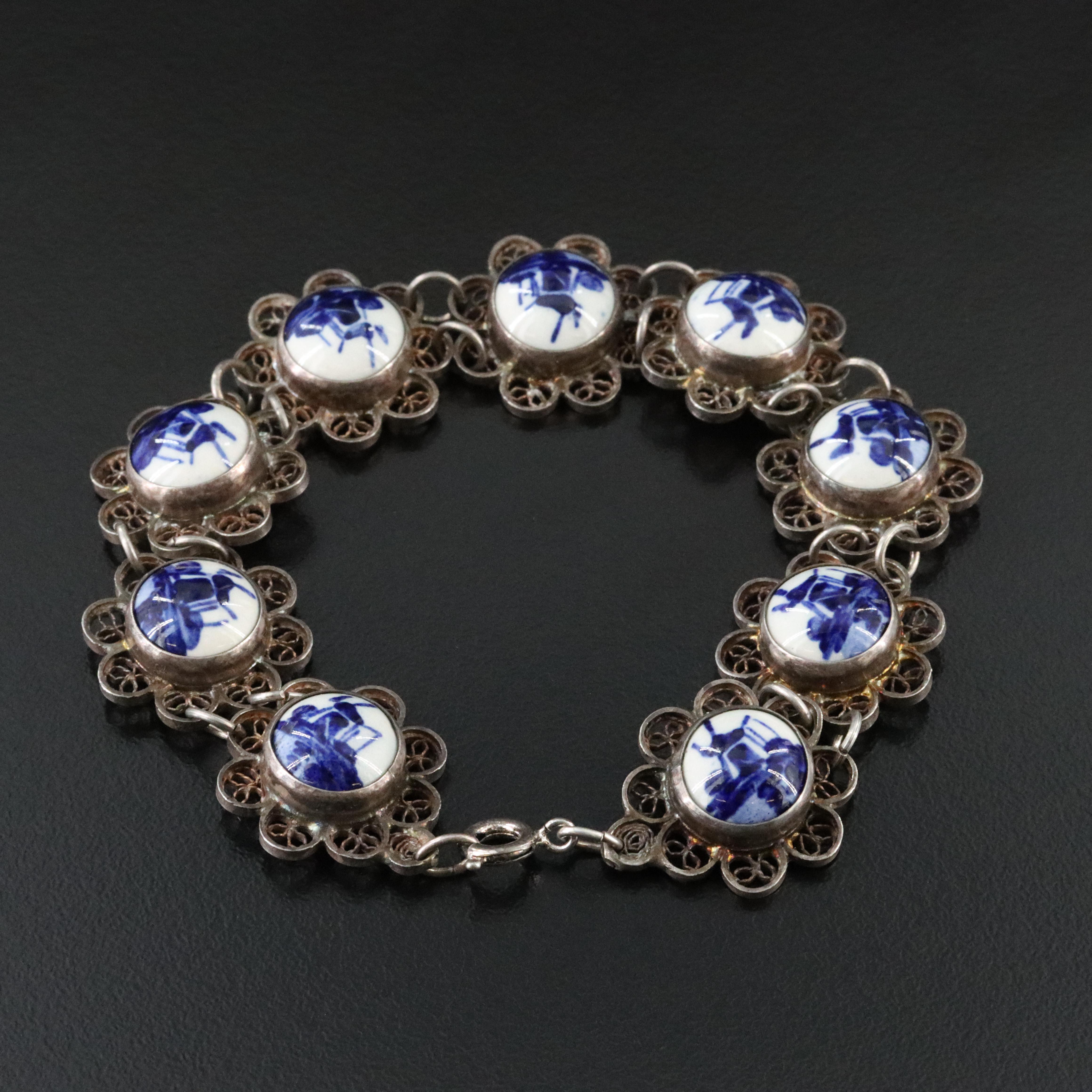 Sterling Delft Windmill Ceramic Filigree Bracelet