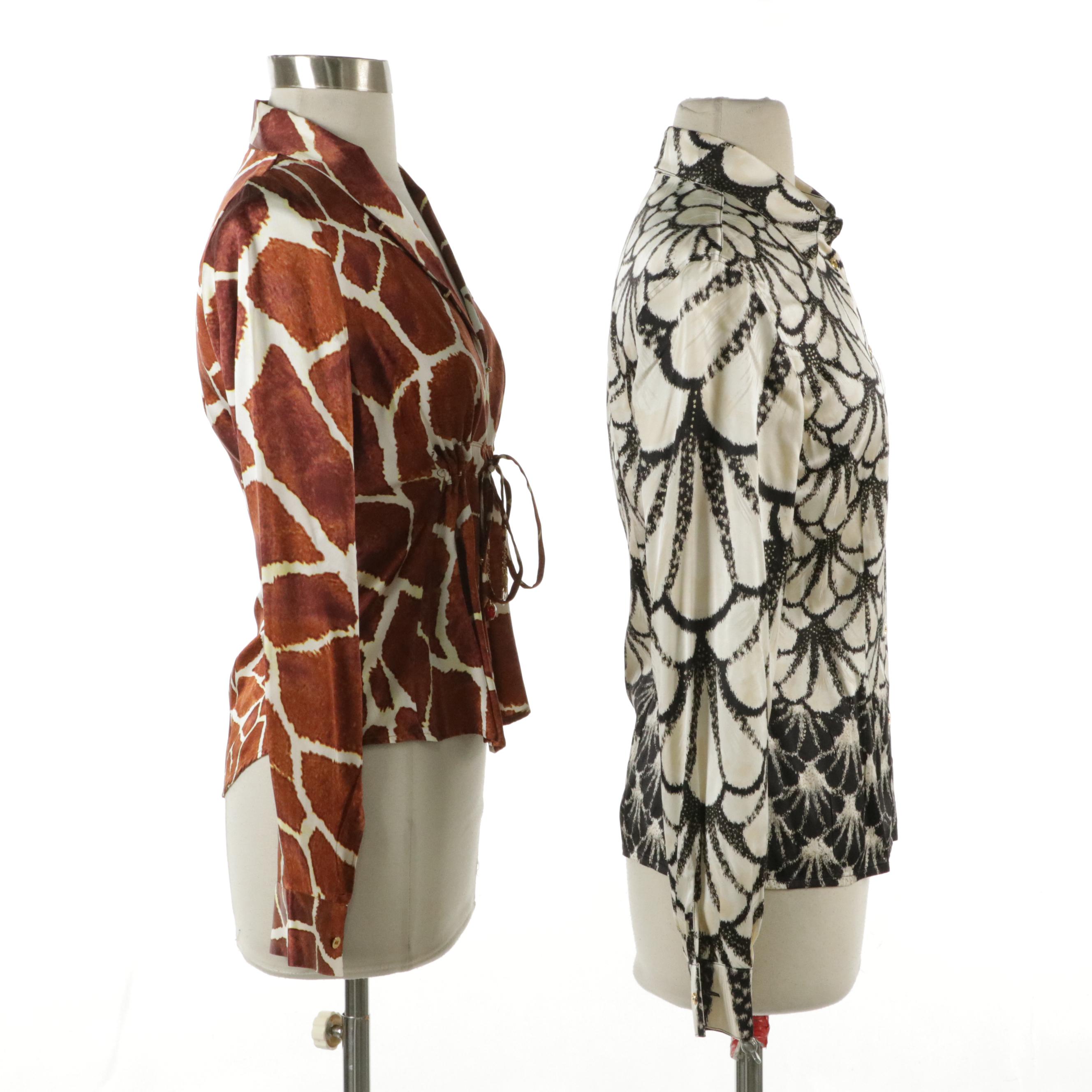 Roberto Cavalli Scalloped Printed and Giraffe Printed Silk Long Sleeve Blouses